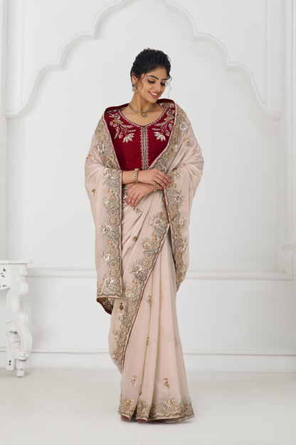 Handcrafted Fendi Silk Saree With Floral  Sequin And  Stone Embroidery With Unstiched Blouse
