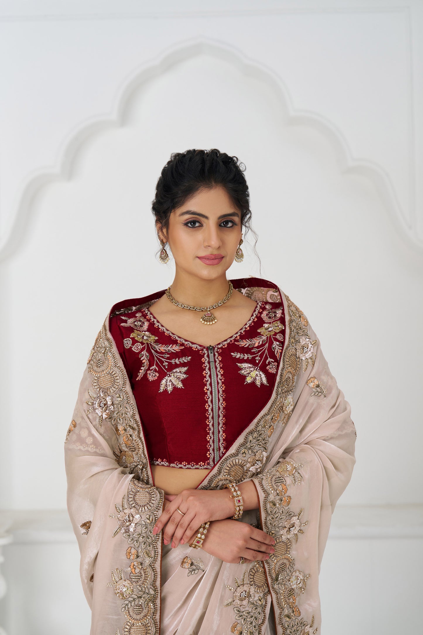 Handcrafted Fendi Silk Saree With Floral  Sequin And  Stone Embroidery With Unstiched Blouse