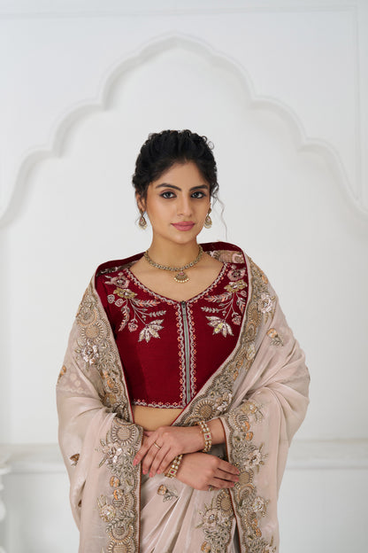 Handcrafted Fendi Silk Saree With Floral  Sequin And  Stone Embroidery With Unstiched Blouse