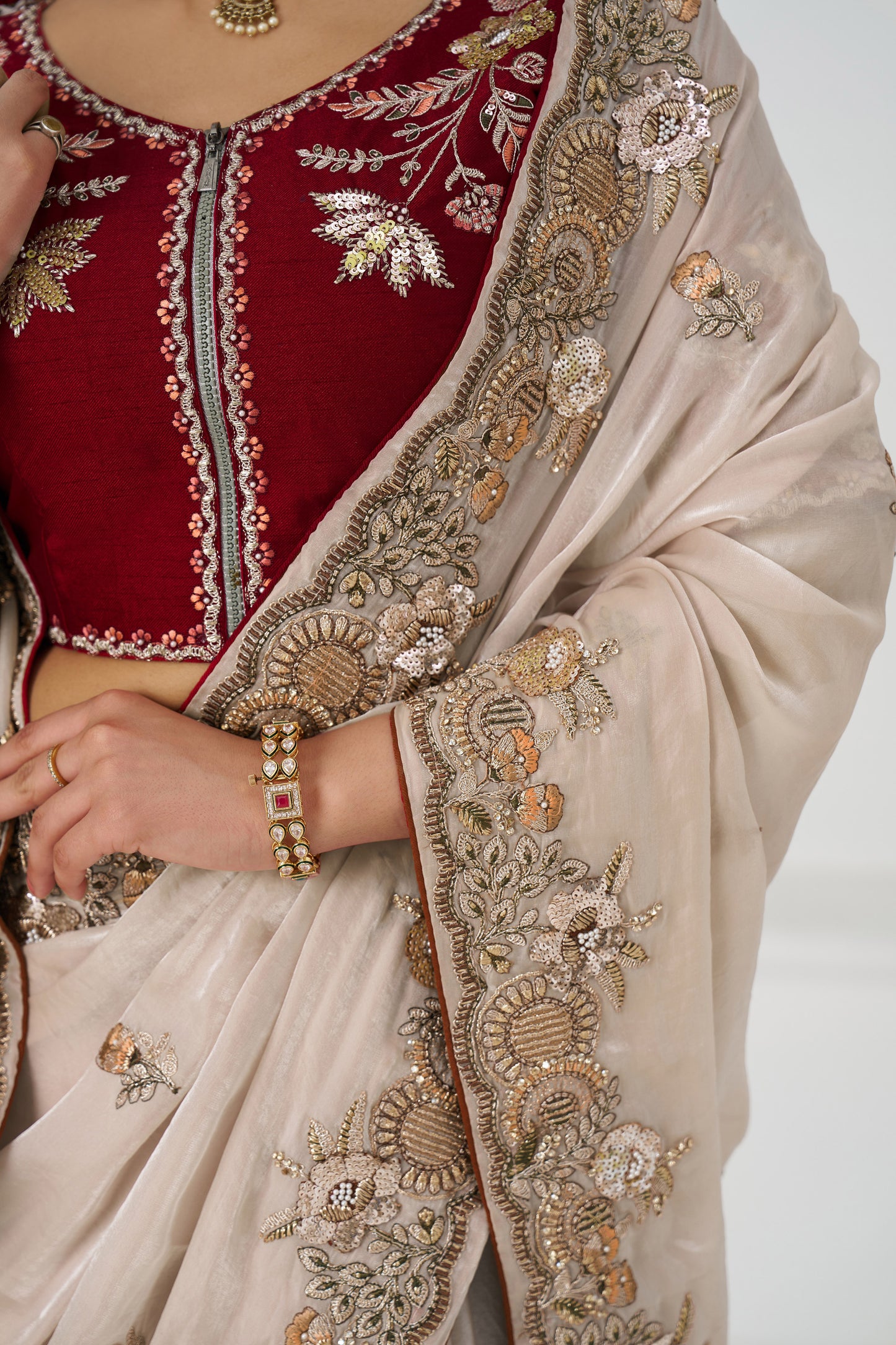 Handcrafted Fendi Silk Saree With Floral  Sequin And  Stone Embroidery With Unstiched Blouse