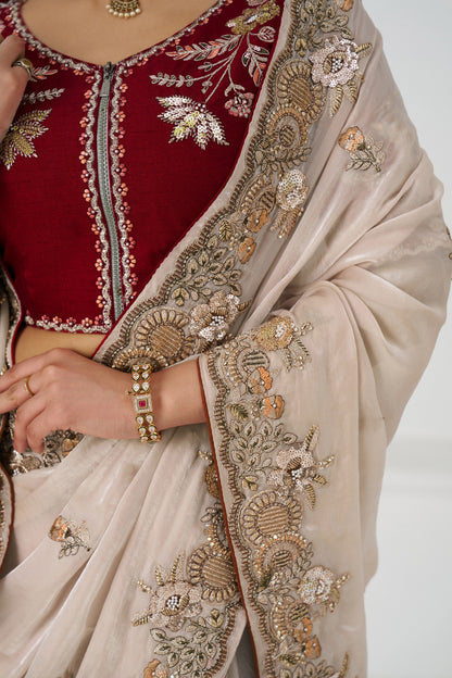 Handcrafted Fendi Silk Saree With Floral  Sequin And  Stone Embroidery With Unstiched Blouse