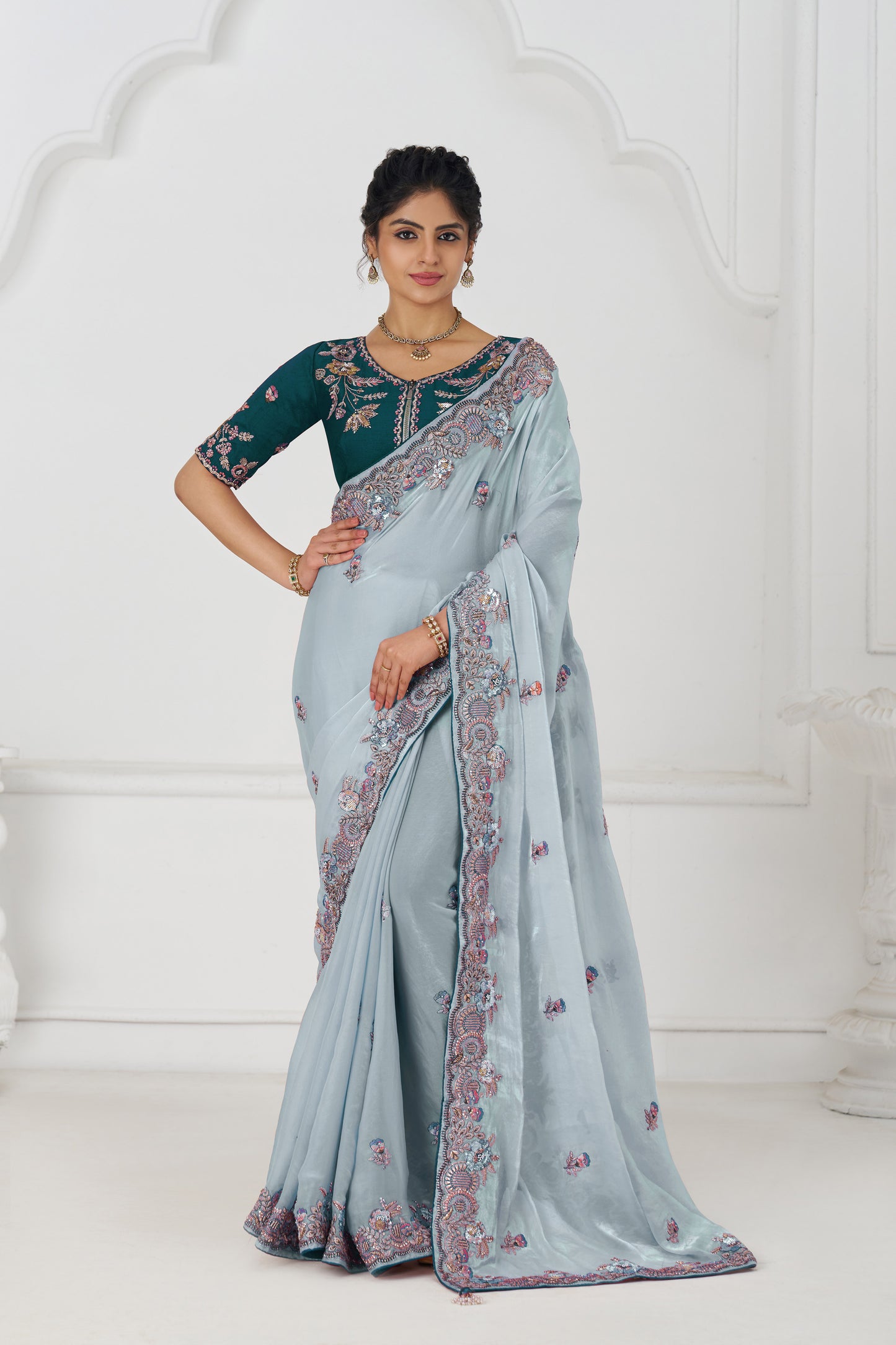 Handcrafted Fendi Silk Saree With Floral  Sequin And  Stone Embroidery With Unstiched Blouse