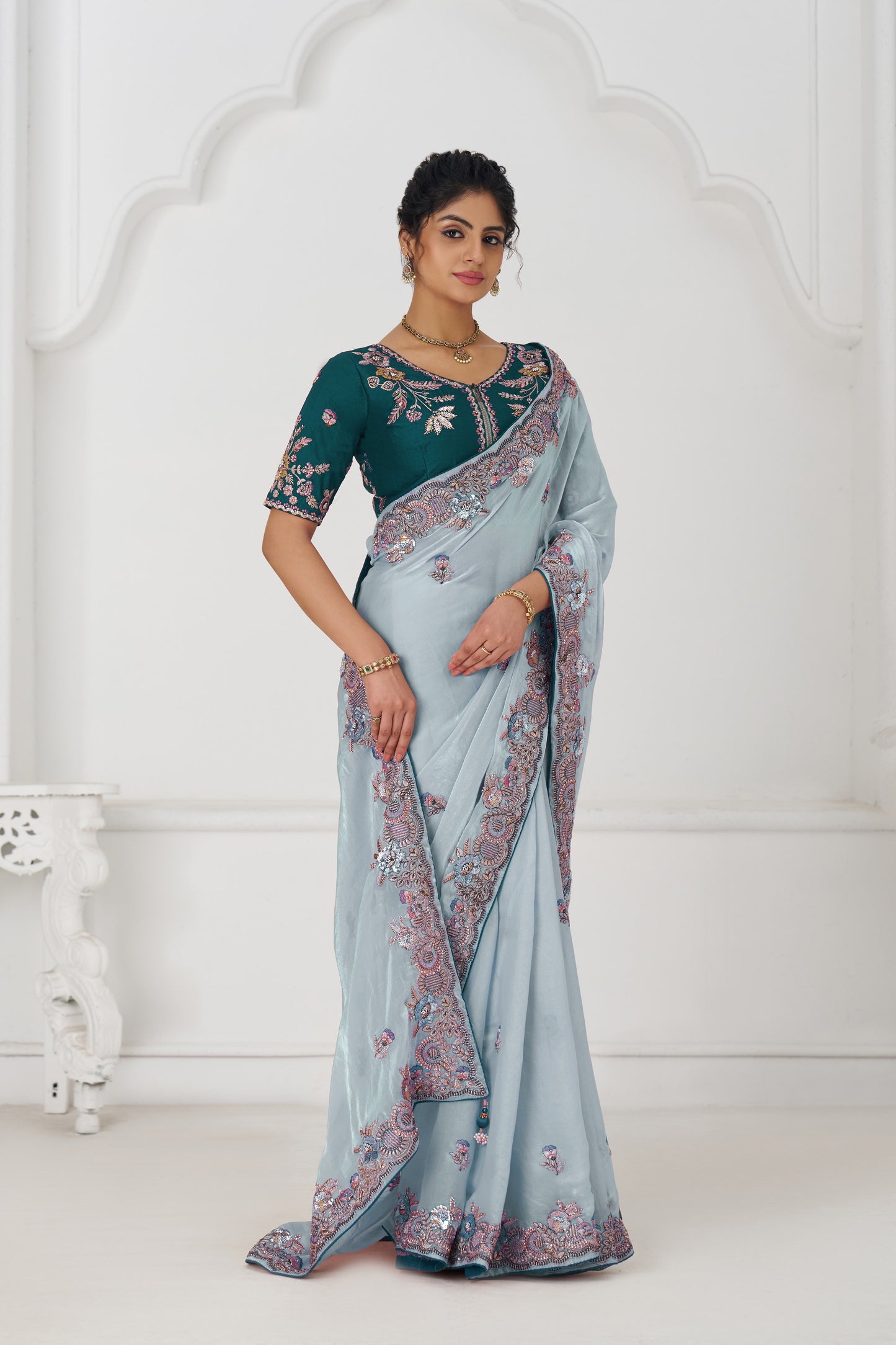 Handcrafted Fendi Silk Saree With Floral  Sequin And  Stone Embroidery With Unstiched Blouse