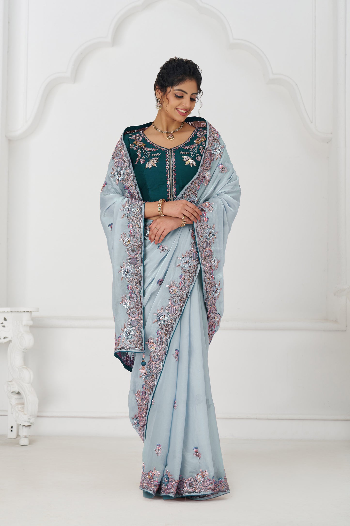 Handcrafted Fendi Silk Saree With Floral  Sequin And  Stone Embroidery With Unstiched Blouse