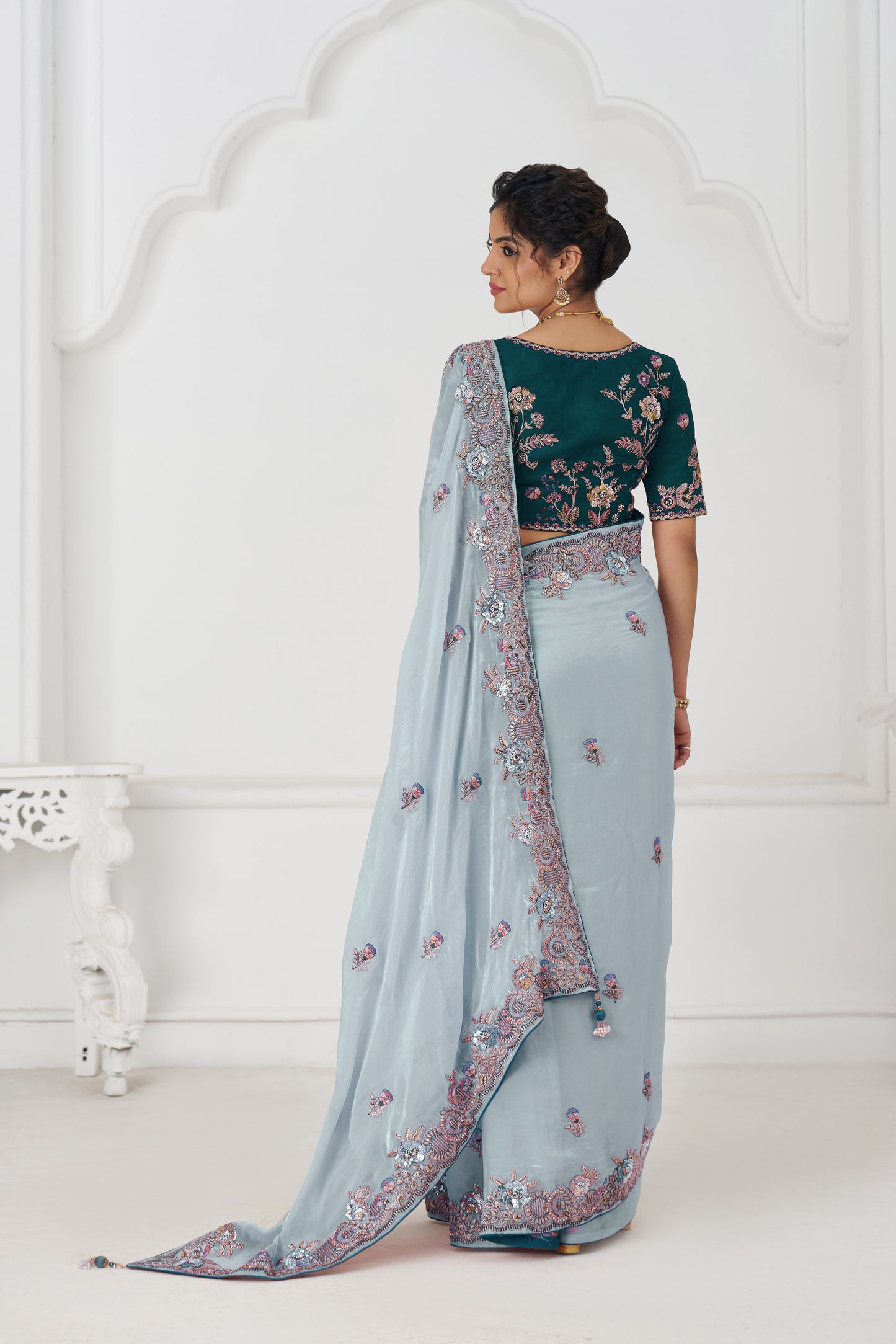 Handcrafted Fendi Silk Saree With Floral  Sequin And  Stone Embroidery With Unstiched Blouse