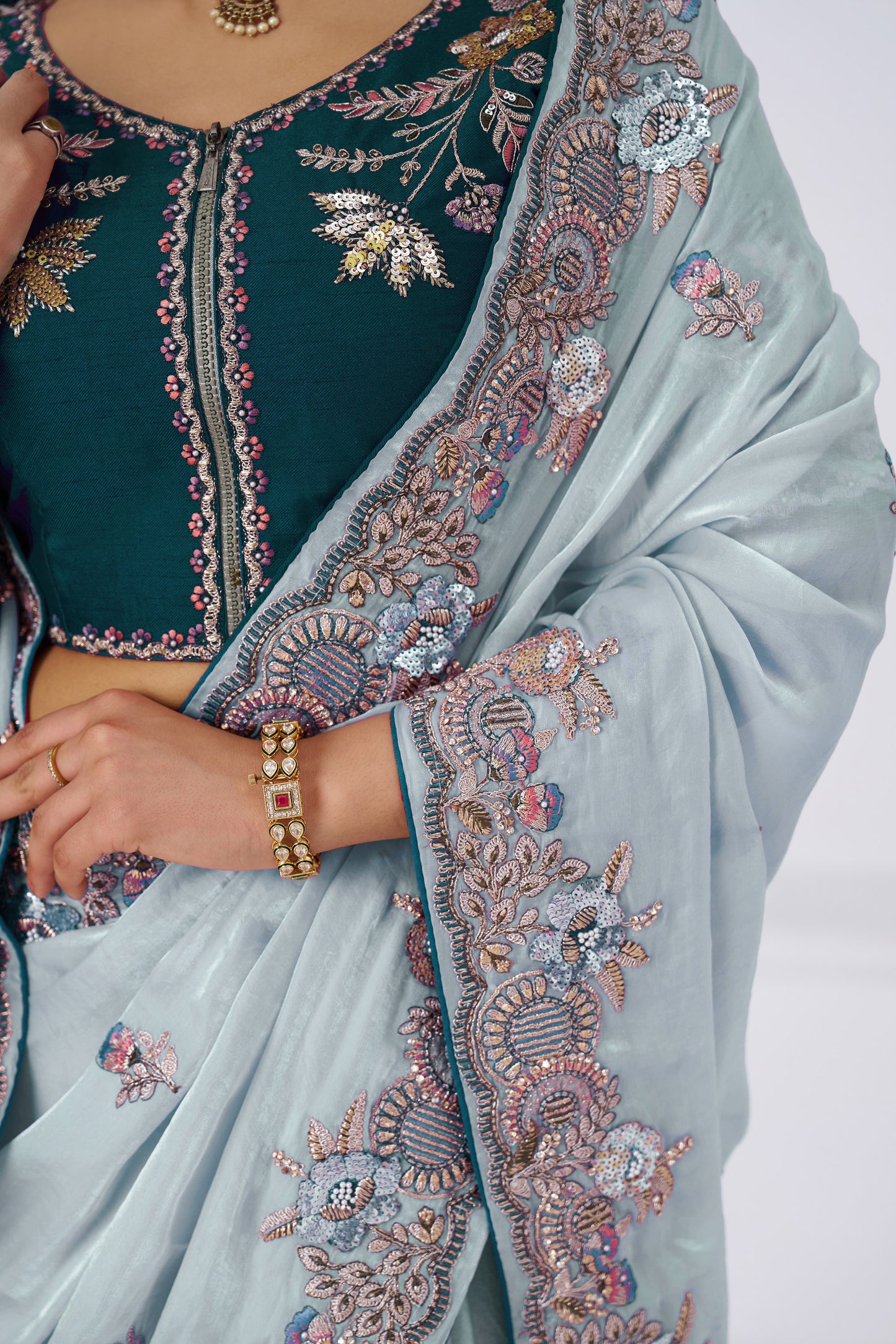 Handcrafted Fendi Silk Saree With Floral  Sequin And  Stone Embroidery With Unstiched Blouse