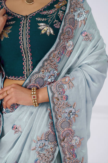 Handcrafted Fendi Silk Saree With Floral  Sequin And  Stone Embroidery With Unstiched Blouse