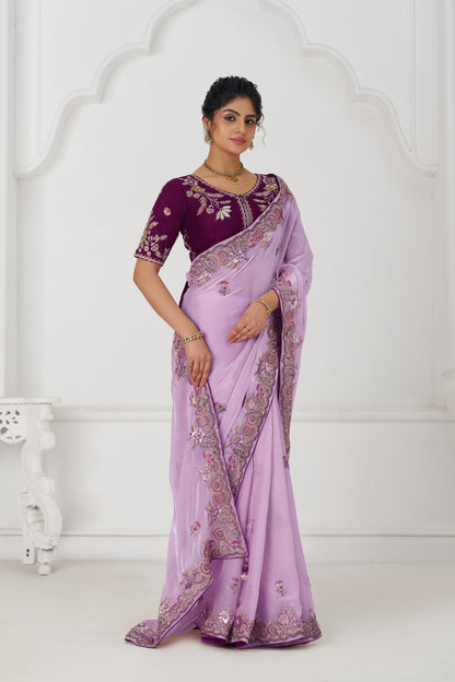 Handcrafted Fendi Silk Saree With Floral  Sequin And  Stone Embroidery With Unstiched Blouse
