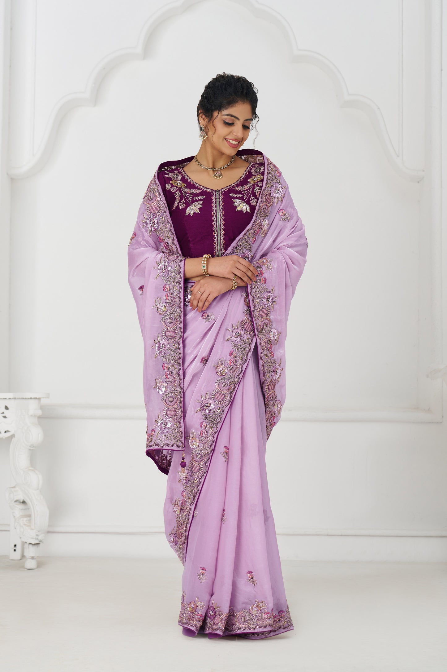 Handcrafted Fendi Silk Saree With Floral  Sequin And  Stone Embroidery With Unstiched Blouse