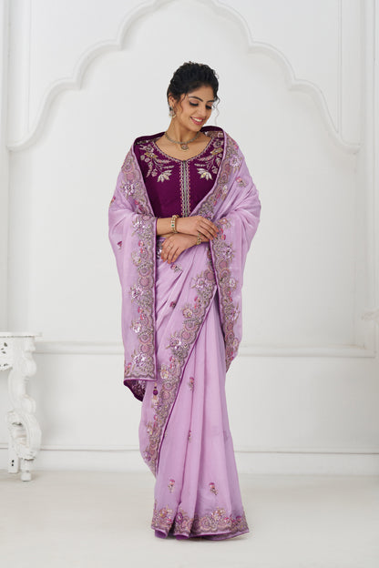 Handcrafted Fendi Silk Saree With Floral  Sequin And  Stone Embroidery With Unstiched Blouse