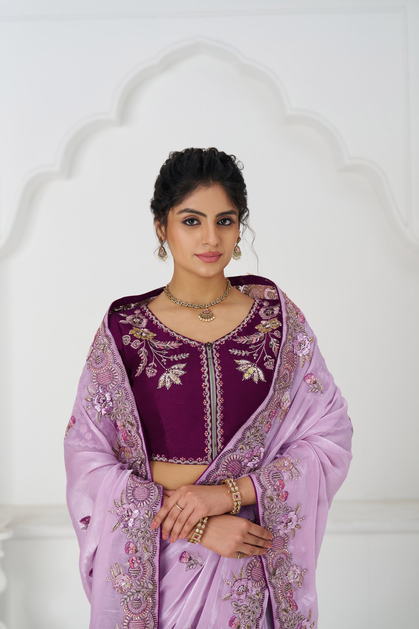 Handcrafted Fendi Silk Saree With Floral  Sequin And  Stone Embroidery With Unstiched Blouse