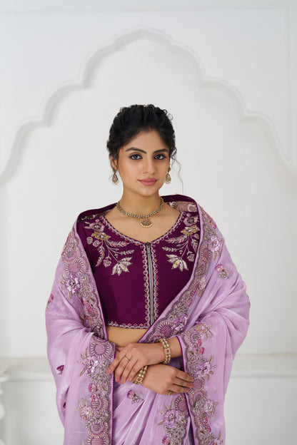 Handcrafted Fendi Silk Saree With Floral  Sequin And  Stone Embroidery With Unstiched Blouse