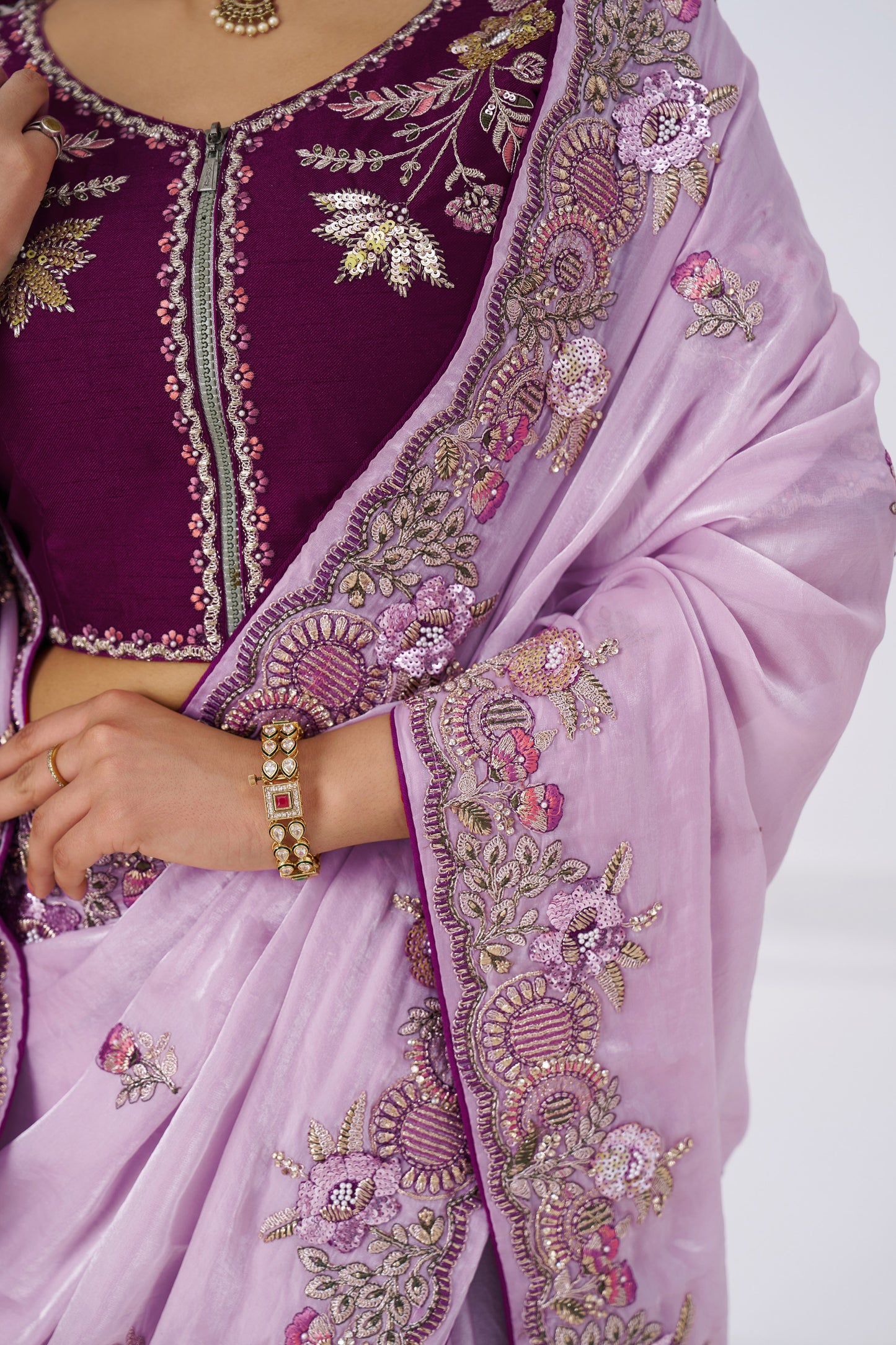 Handcrafted Fendi Silk Saree With Floral  Sequin And  Stone Embroidery With Unstiched Blouse