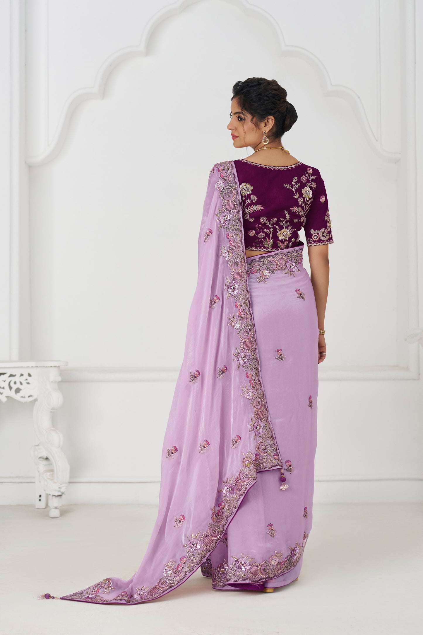 Handcrafted Fendi Silk Saree With Floral  Sequin And  Stone Embroidery With Unstiched Blouse