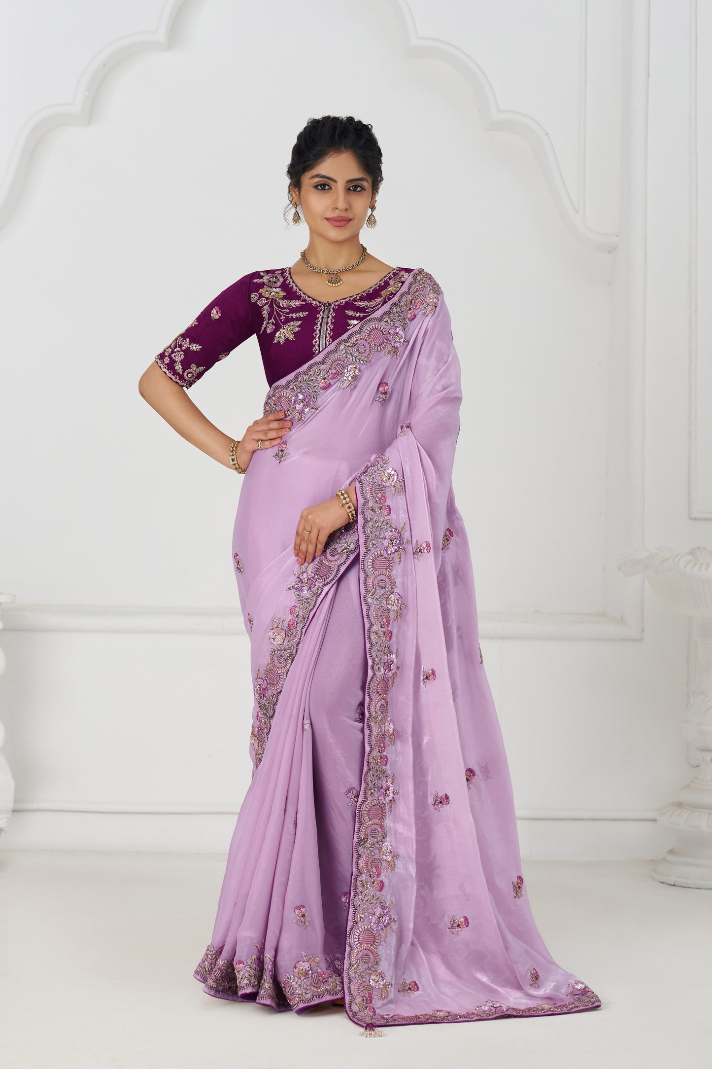 Handcrafted Fendi Silk Saree With Floral  Sequin And  Stone Embroidery With Unstiched Blouse