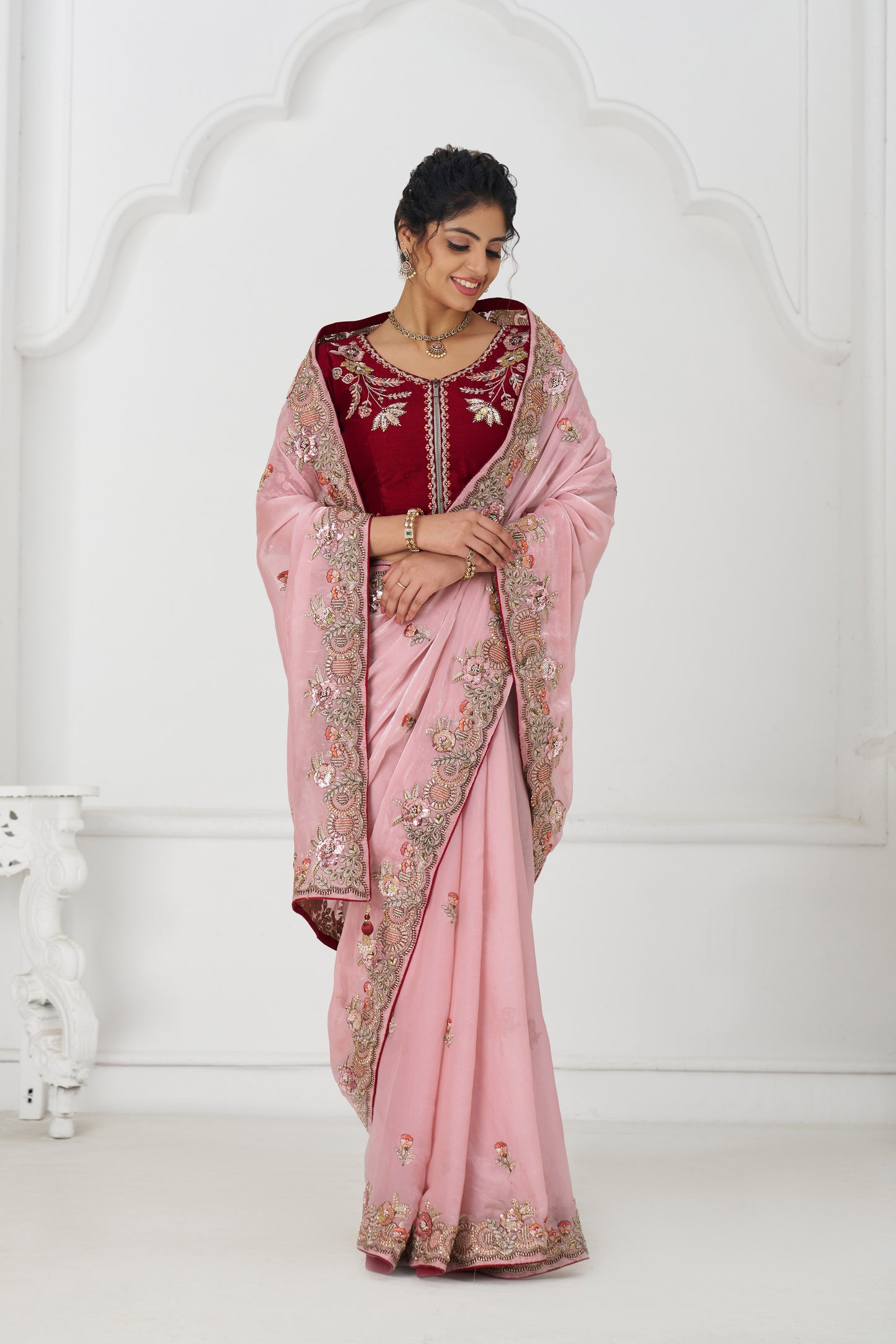 Handcrafted Fendi Silk Saree With Floral  Sequin And  Stone Embroidery With Unstiched Blouse