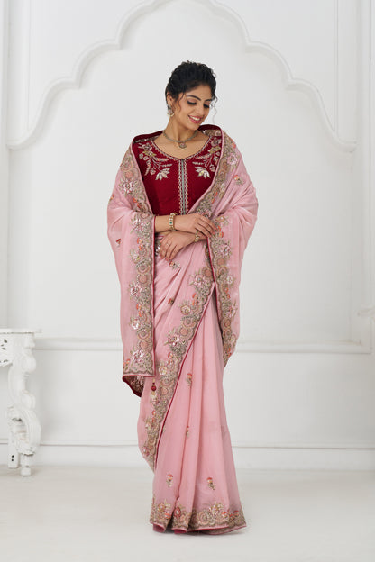 Handcrafted Fendi Silk Saree With Floral  Sequin And  Stone Embroidery With Unstiched Blouse