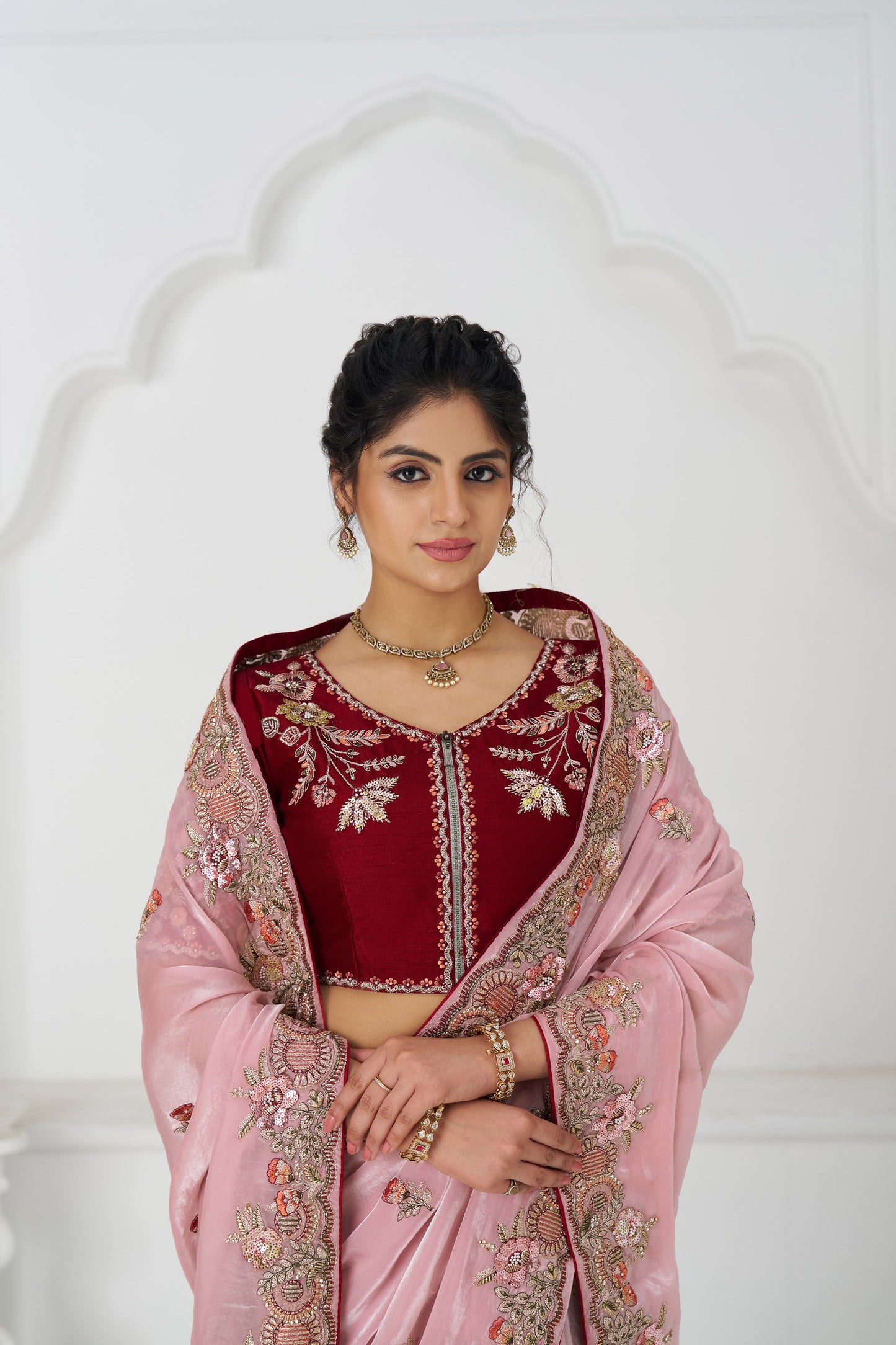 Handcrafted Fendi Silk Saree With Floral  Sequin And  Stone Embroidery With Unstiched Blouse