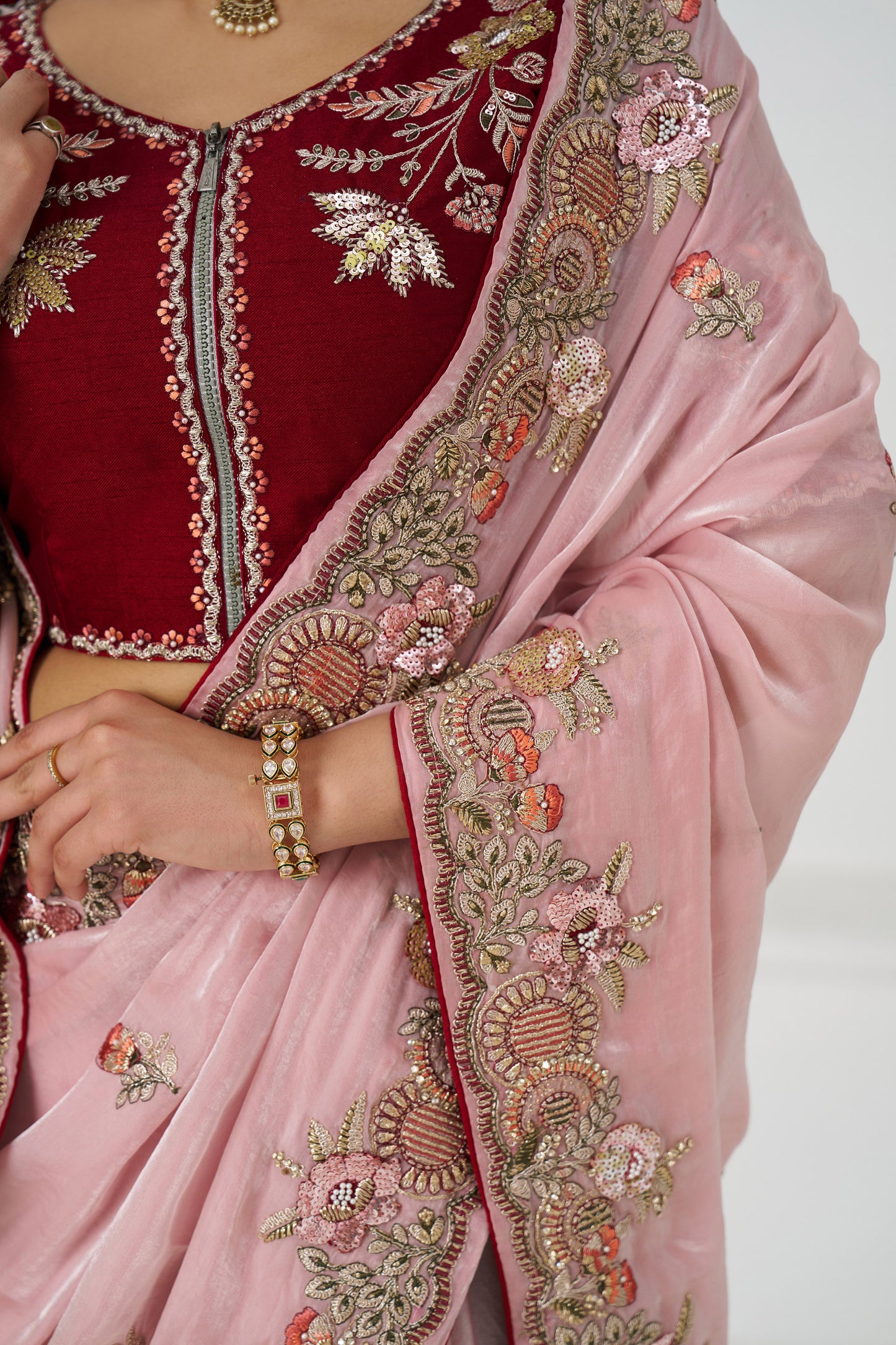 Handcrafted Fendi Silk Saree With Floral  Sequin And  Stone Embroidery With Unstiched Blouse