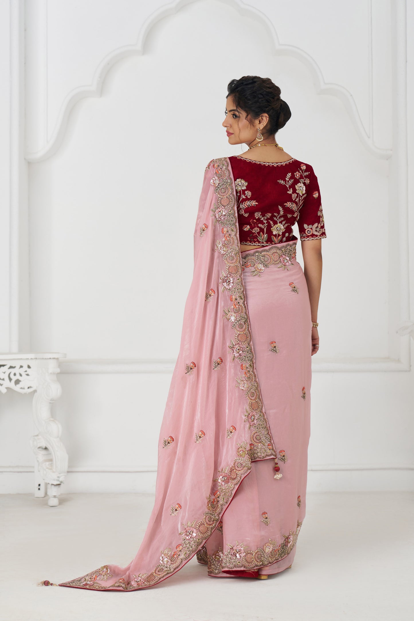 Handcrafted Fendi Silk Saree With Floral  Sequin And  Stone Embroidery With Unstiched Blouse