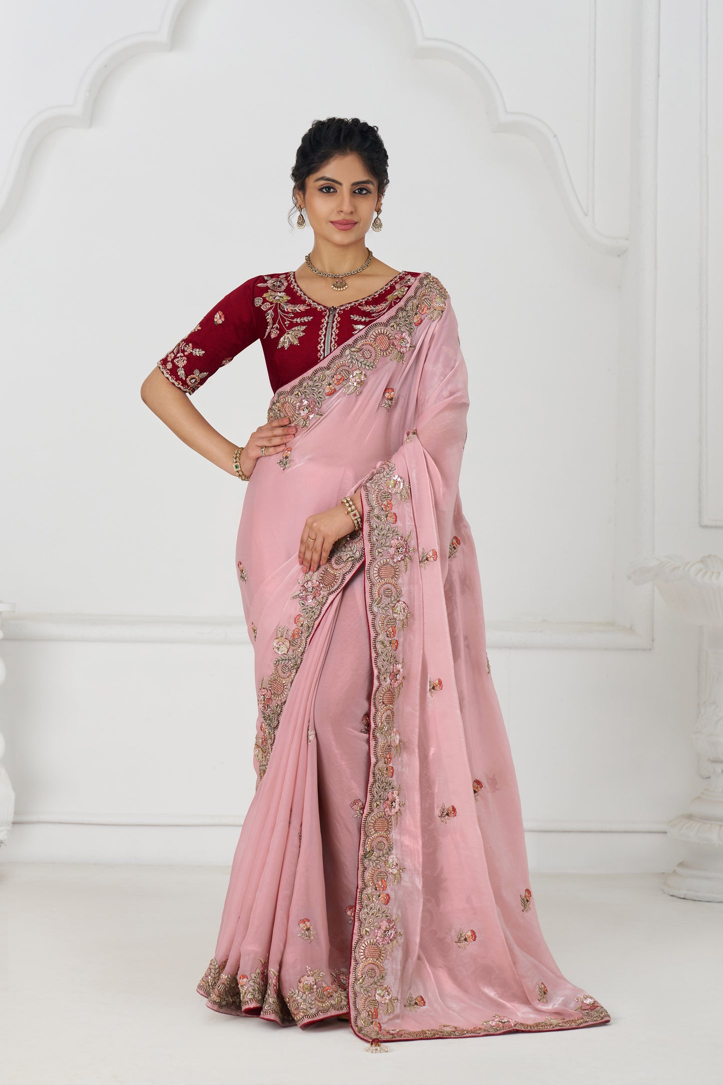 Handcrafted Fendi Silk Saree With Floral  Sequin And  Stone Embroidery With Unstiched Blouse