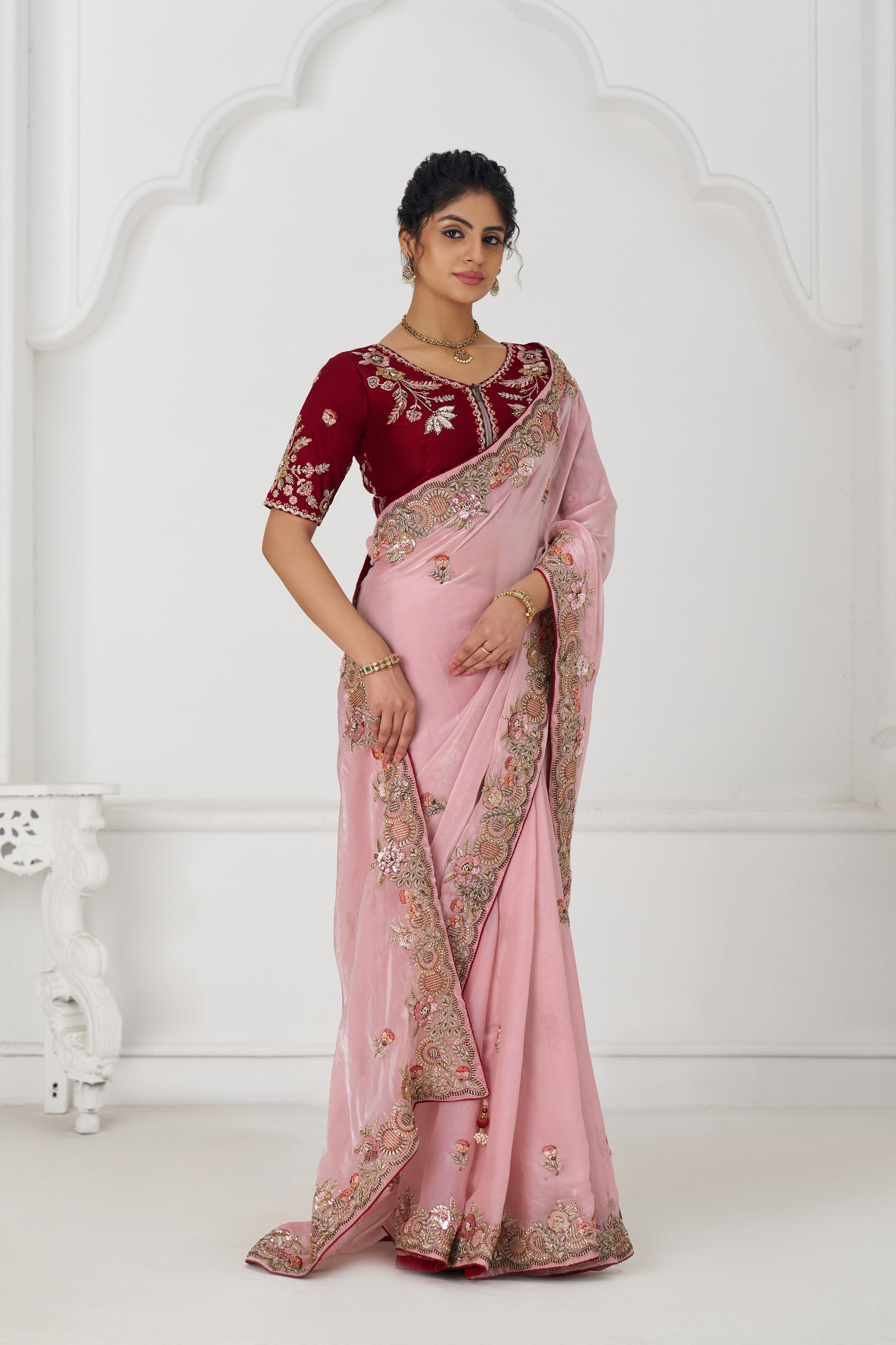 Handcrafted Fendi Silk Saree With Floral  Sequin And  Stone Embroidery With Unstiched Blouse