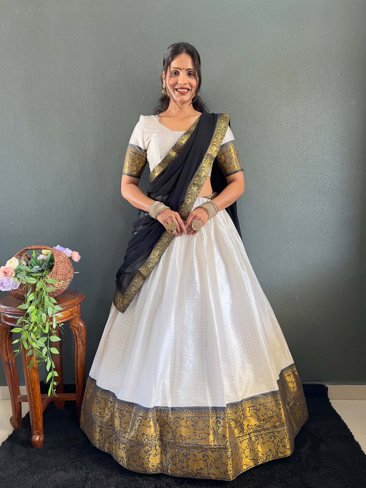Trendy White and Black Cotton Lehenga With Unstiched Blouse And Contrast Dupatta