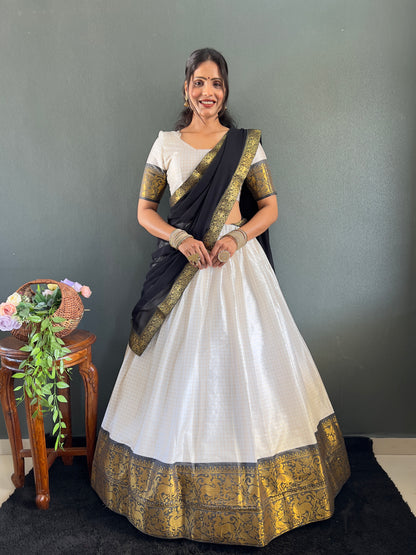 Trendy White and Black Cotton Lehenga With Unstiched Blouse And Contrast Dupatta