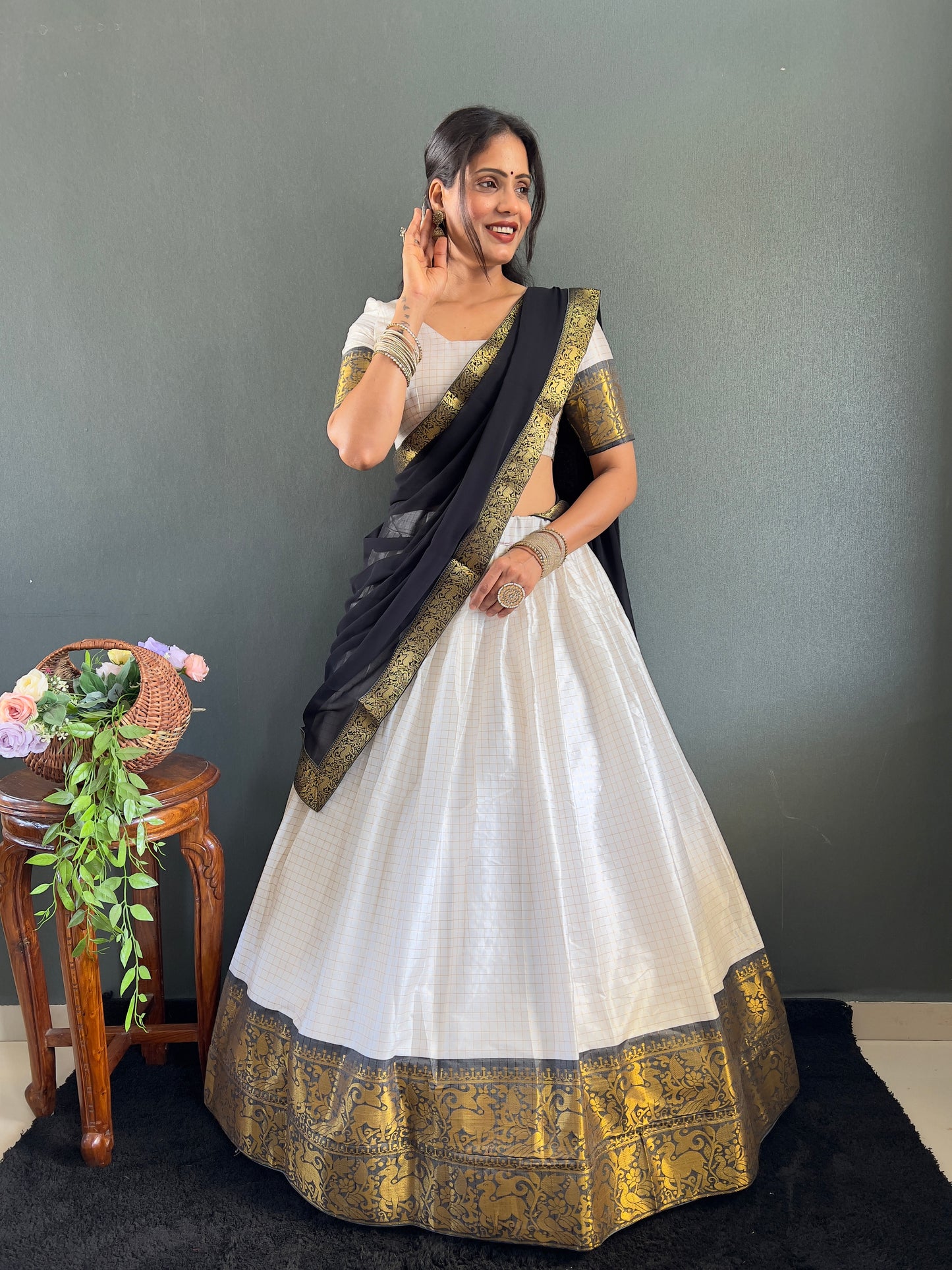 Trendy White and Black Cotton Lehenga With Unstiched Blouse And Contrast Dupatta