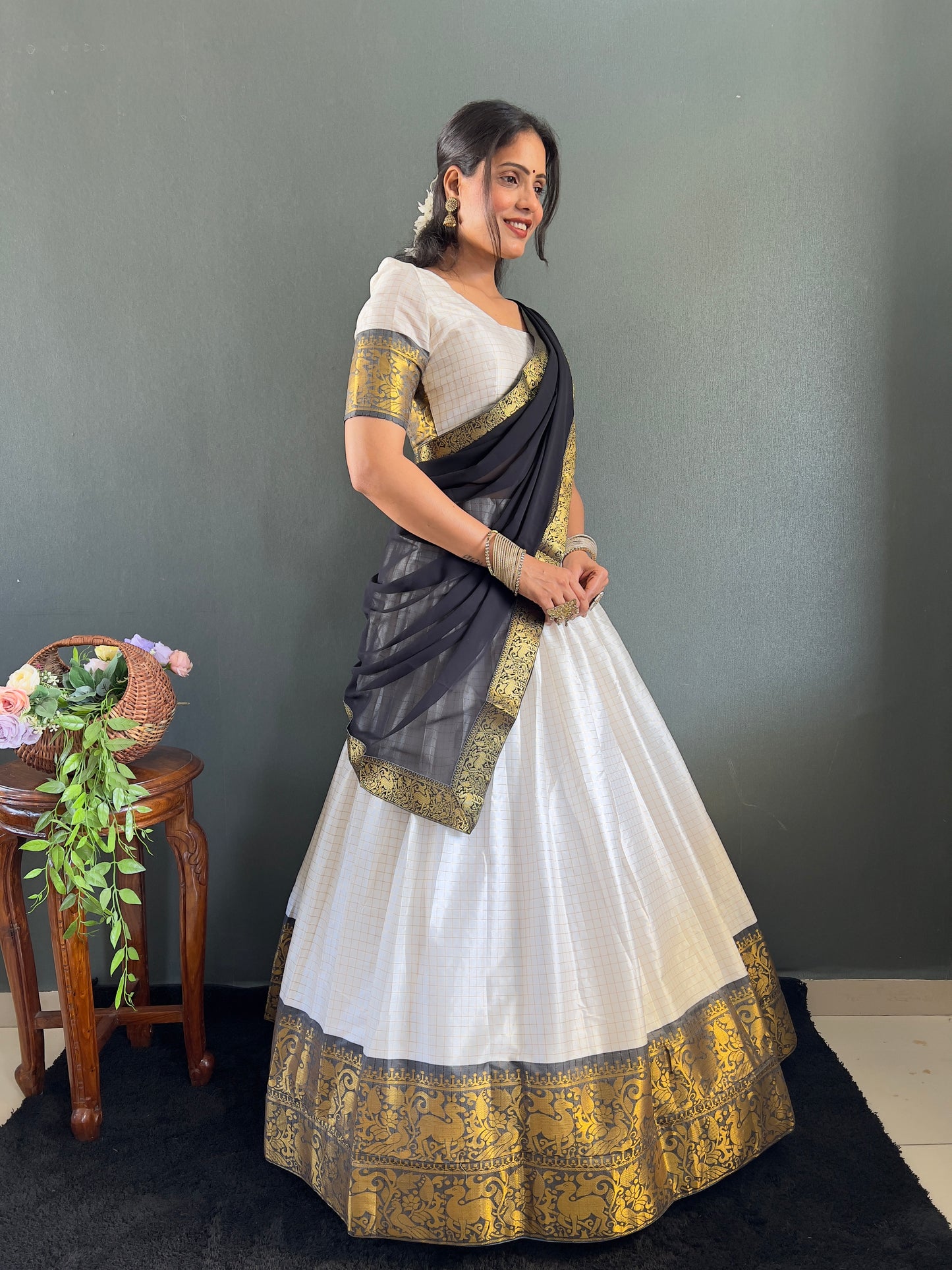 Trendy White and Black Cotton Lehenga With Unstiched Blouse And Contrast Dupatta
