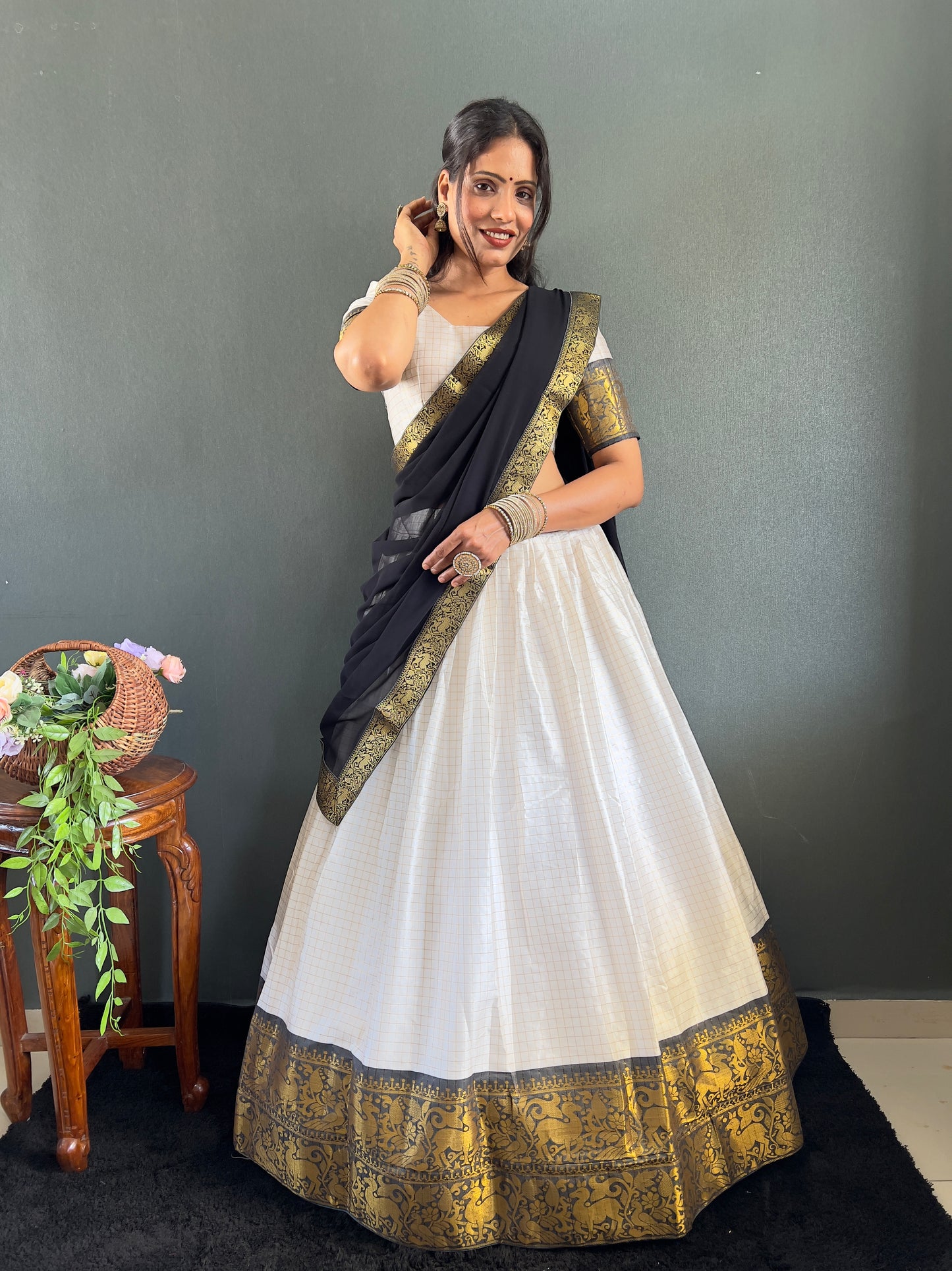 Trendy White and Black Cotton Lehenga With Unstiched Blouse And Contrast Dupatta