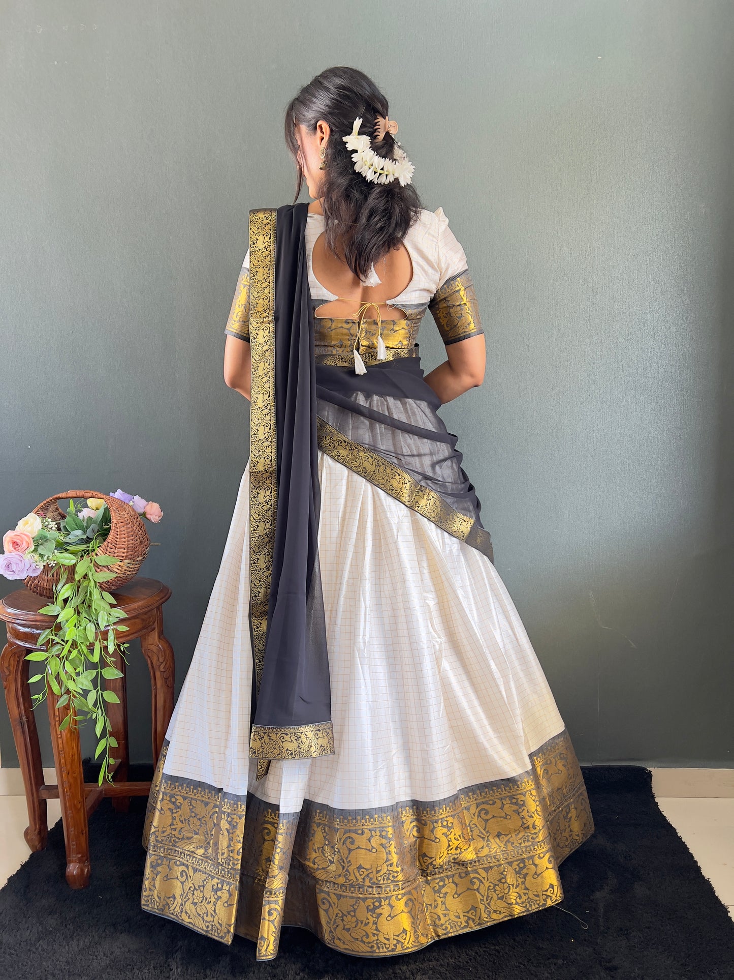 Trendy White and Black Cotton Lehenga With Unstiched Blouse And Contrast Dupatta