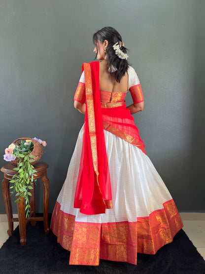Trendy White and Red Cotton Lehenga With Unstiched Blouse And Contrast Dupatta