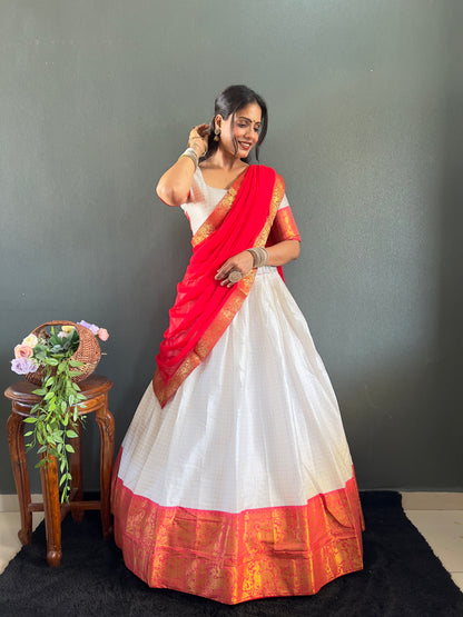 Trendy White and Red Cotton Lehenga With Unstiched Blouse And Contrast Dupatta