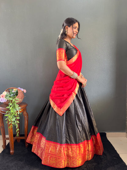Trendy Black and Red Cotton Lehenga With Unstiched Blouse And Contrast Dupatta