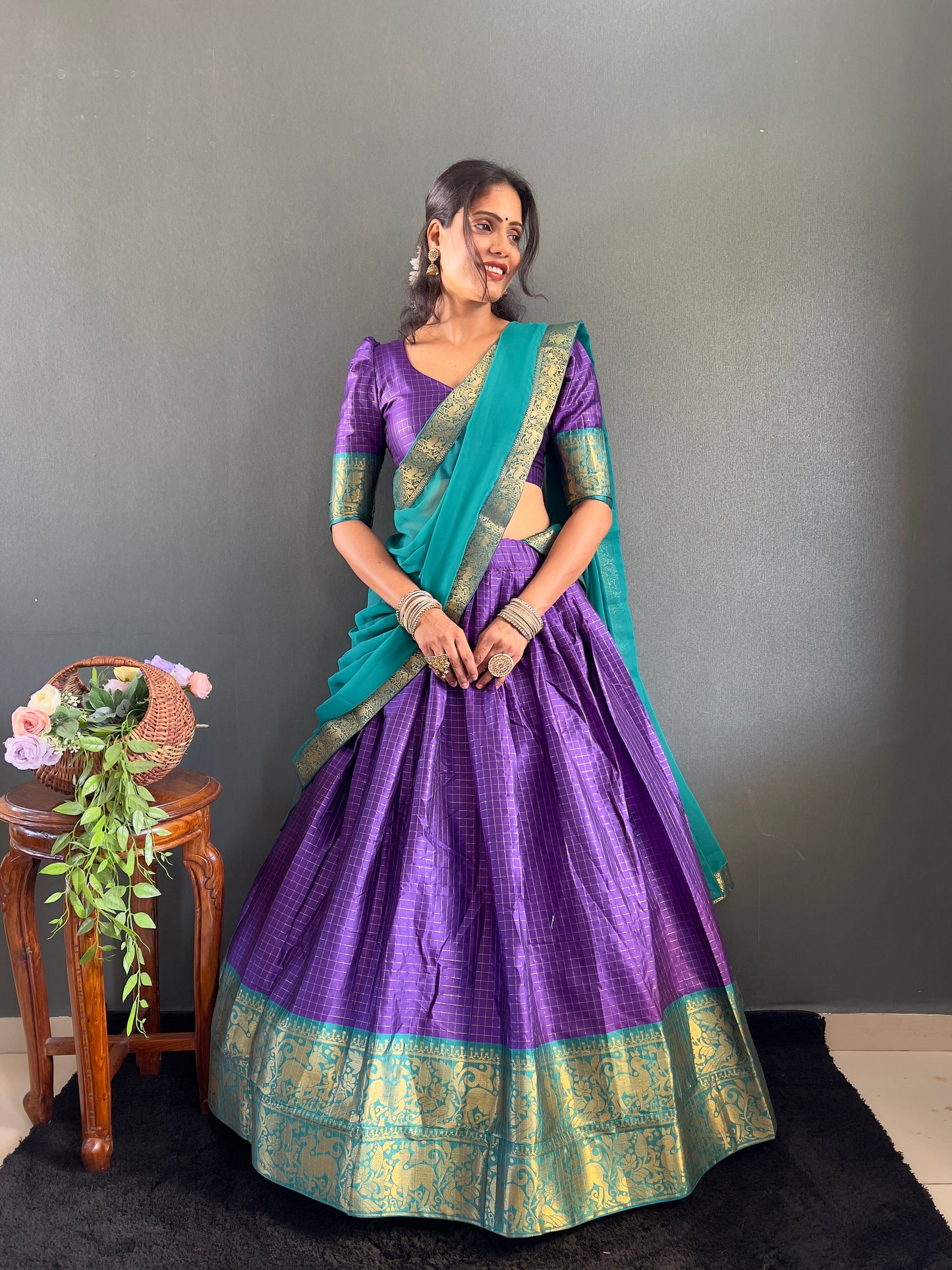 Trendy Purple and Rama Cotton Lehenga With Unstiched Blouse And Contrast Dupatta