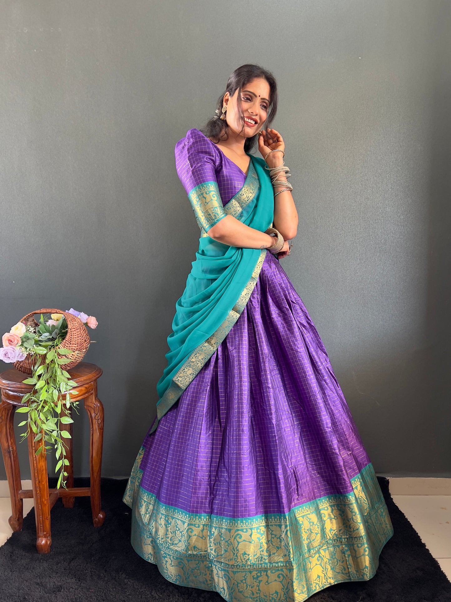 Trendy Purple and Rama Cotton Lehenga With Unstiched Blouse And Contrast Dupatta