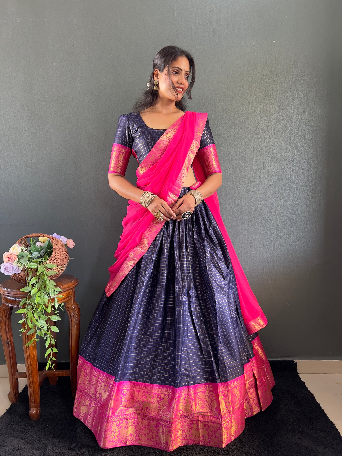 Trendy Navy Blue and Pink Cotton Lehenga With Unstiched Blouse And Contrast Dupatta