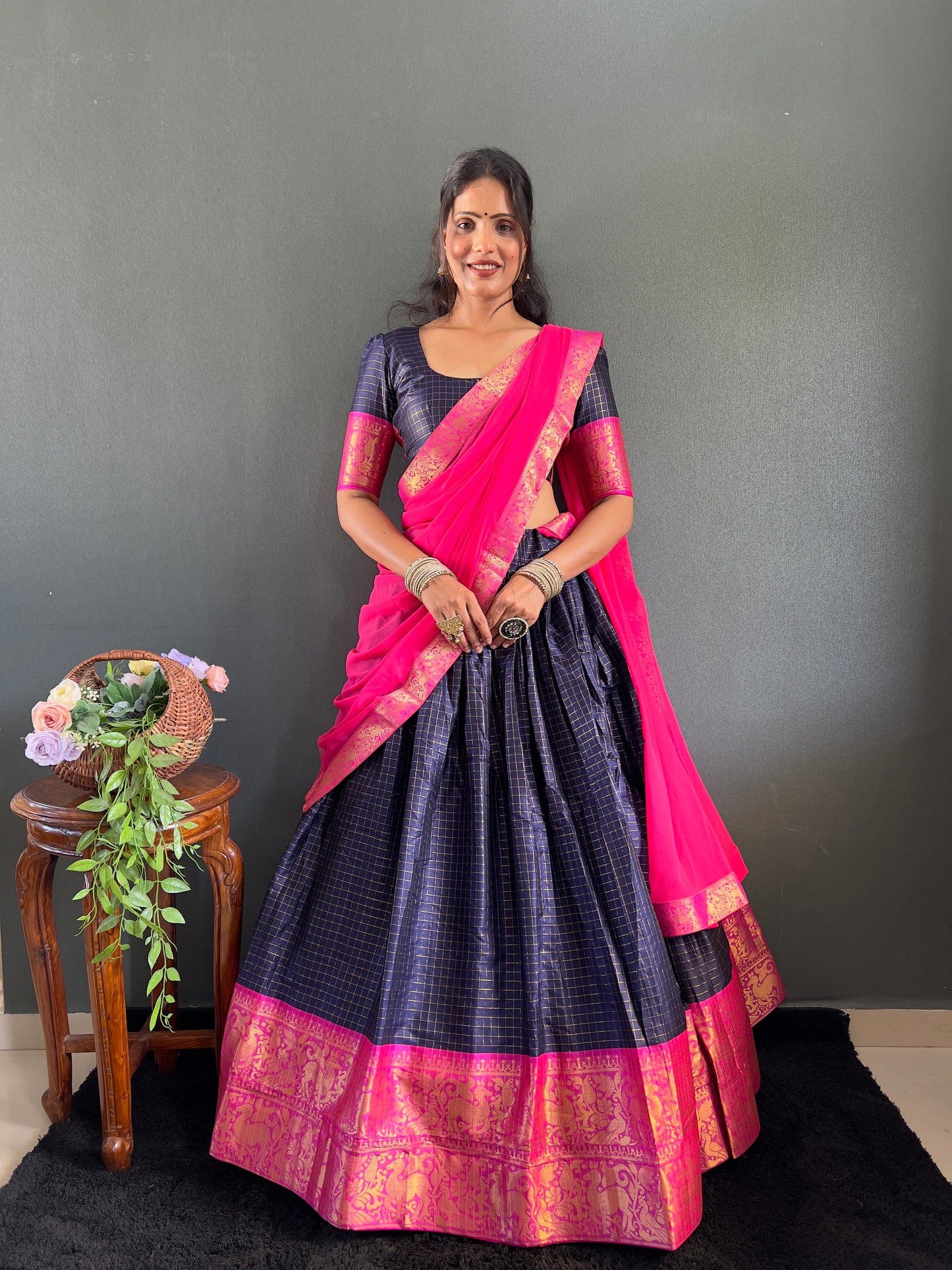 Trendy Navy Blue and Pink Cotton Lehenga With Unstiched Blouse And Contrast Dupatta