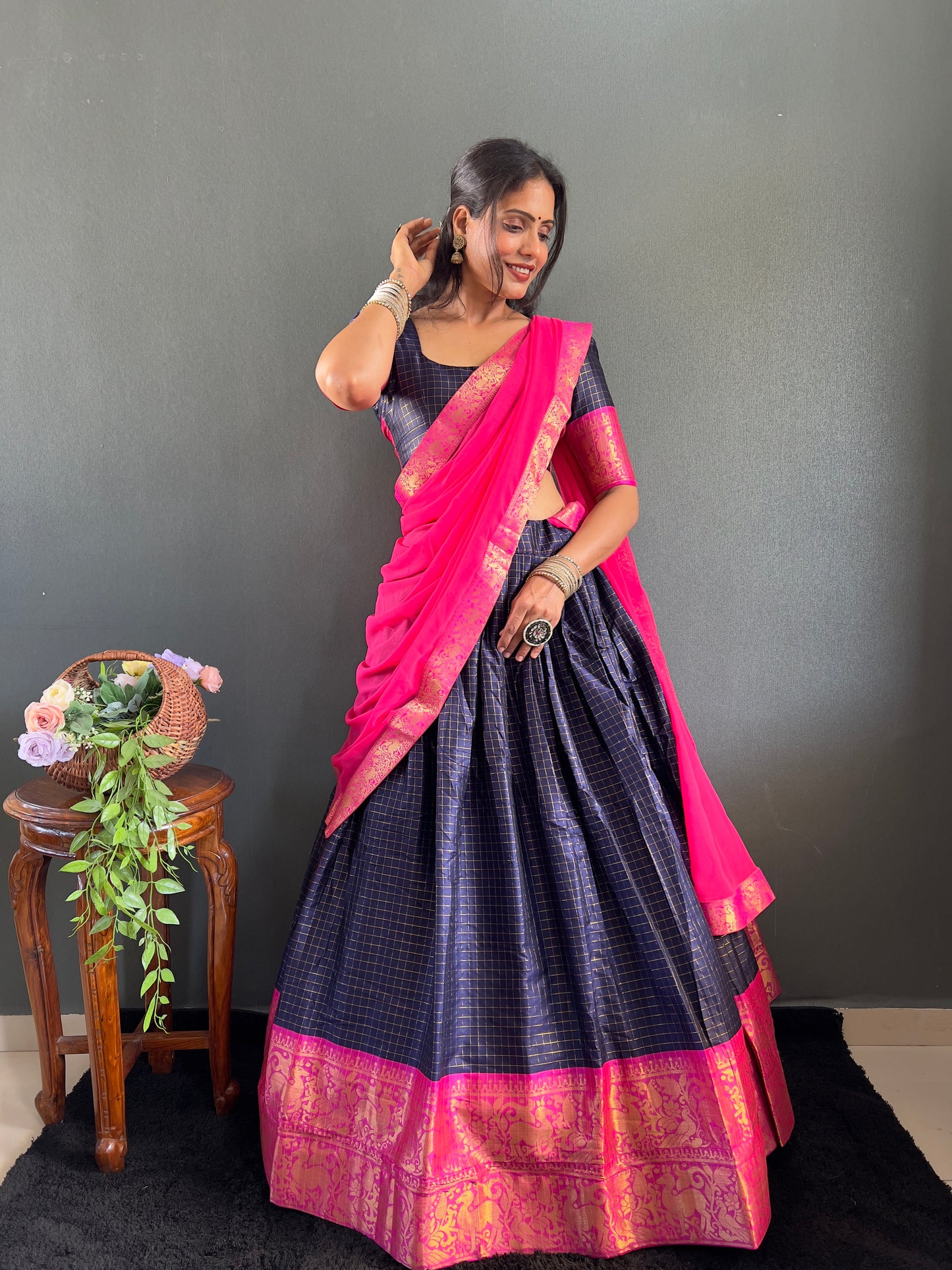 Trendy Navy Blue and Pink Cotton Lehenga With Unstiched Blouse And Contrast Dupatta