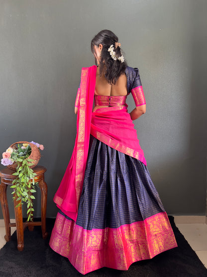 Trendy Navy Blue and Pink Cotton Lehenga With Unstiched Blouse And Contrast Dupatta