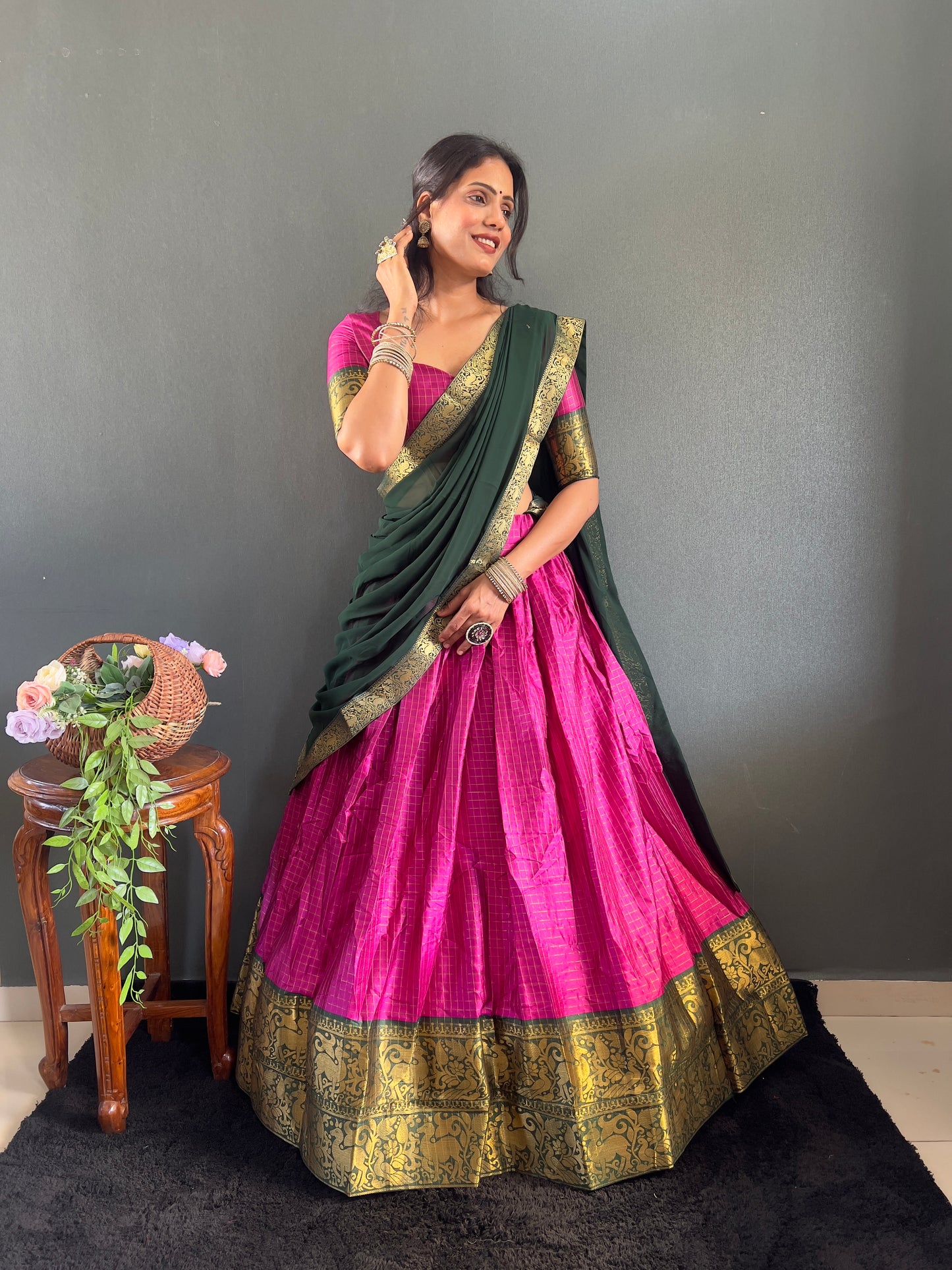 Trendy Pink and Black Cotton Lehenga With Unstiched Blouse And Contrast Dupatta