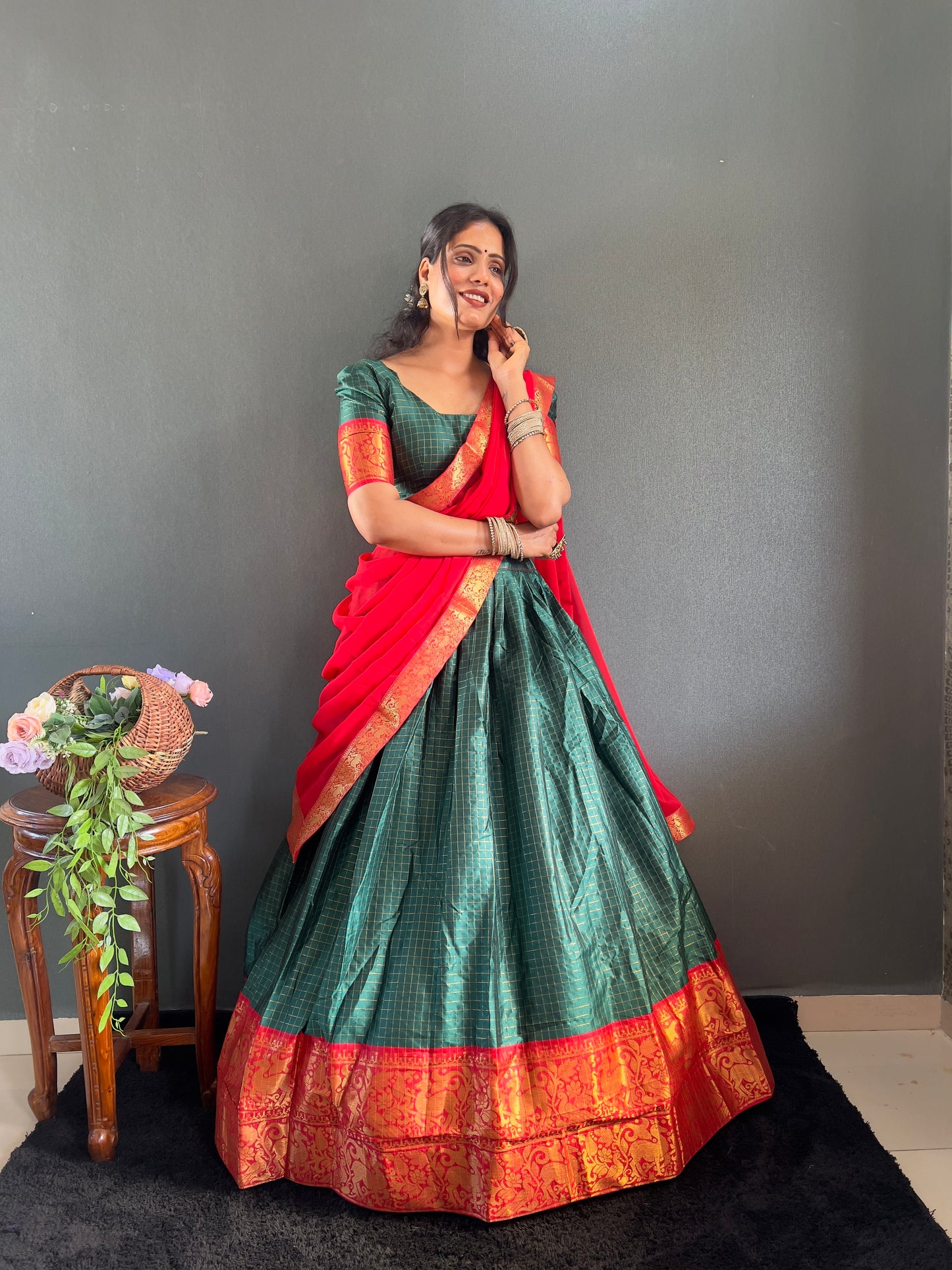 Trendy Green and Red Cotton Lehenga With Unstiched Blouse And Contrast Dupatta