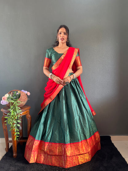 Trendy Green and Red Cotton Lehenga With Unstiched Blouse And Contrast Dupatta