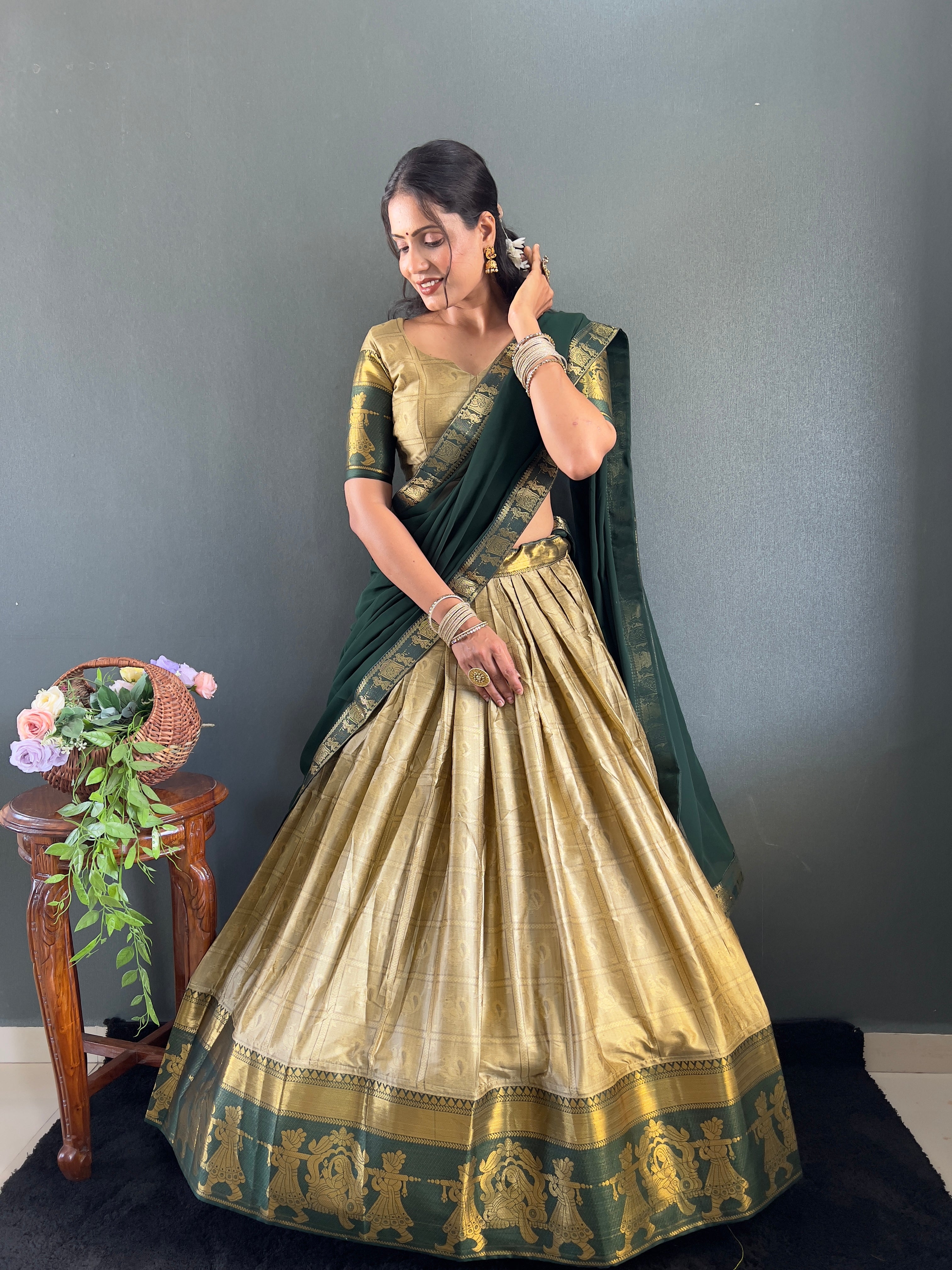 2025 Beseseller Chiku And Green Cotton Lehenga With Unstiched Blouse And Contrast Dupatta