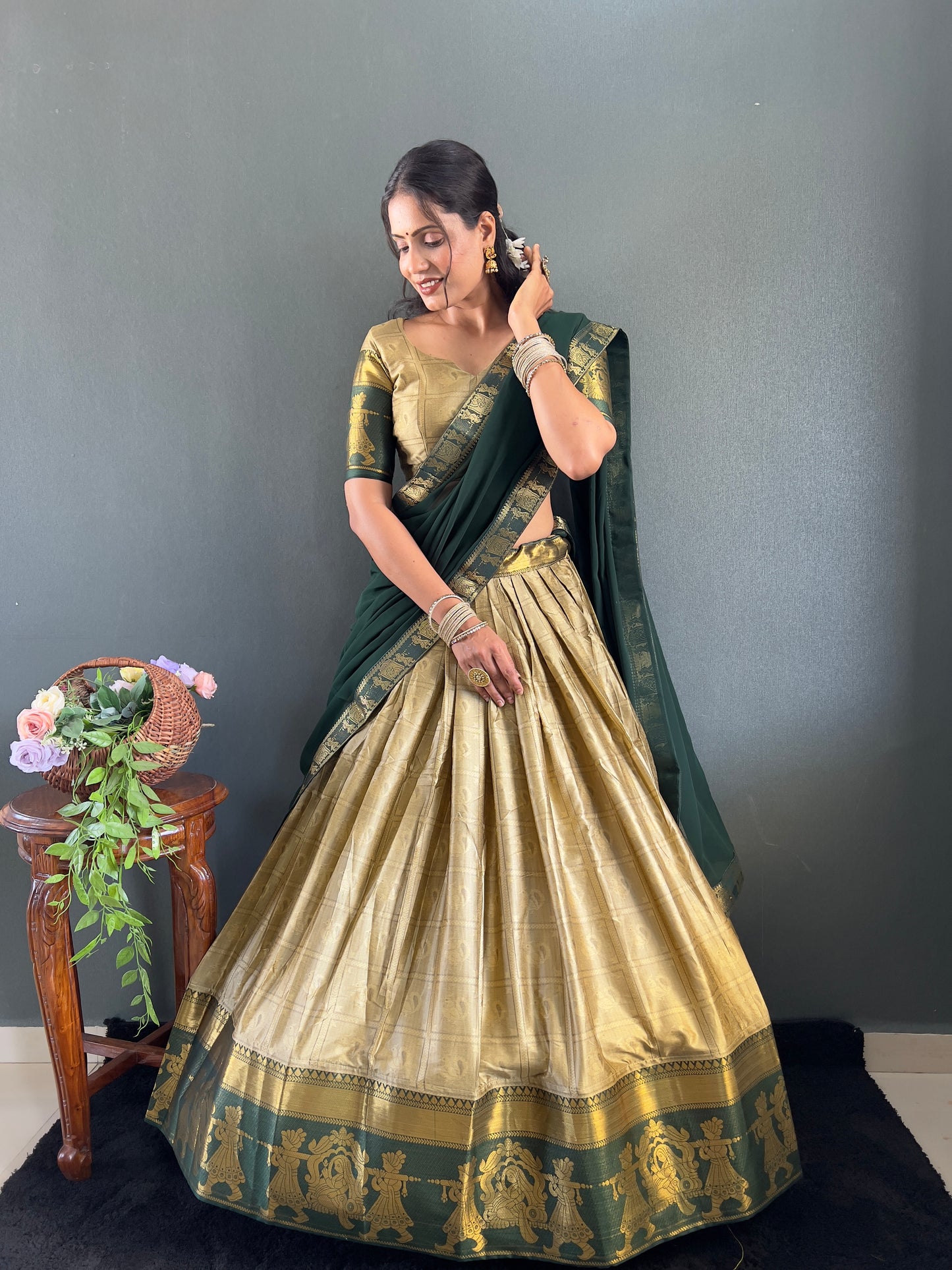 2025 Beseseller Chiku And Green Cotton Lehenga With Unstiched Blouse And Contrast Dupatta
