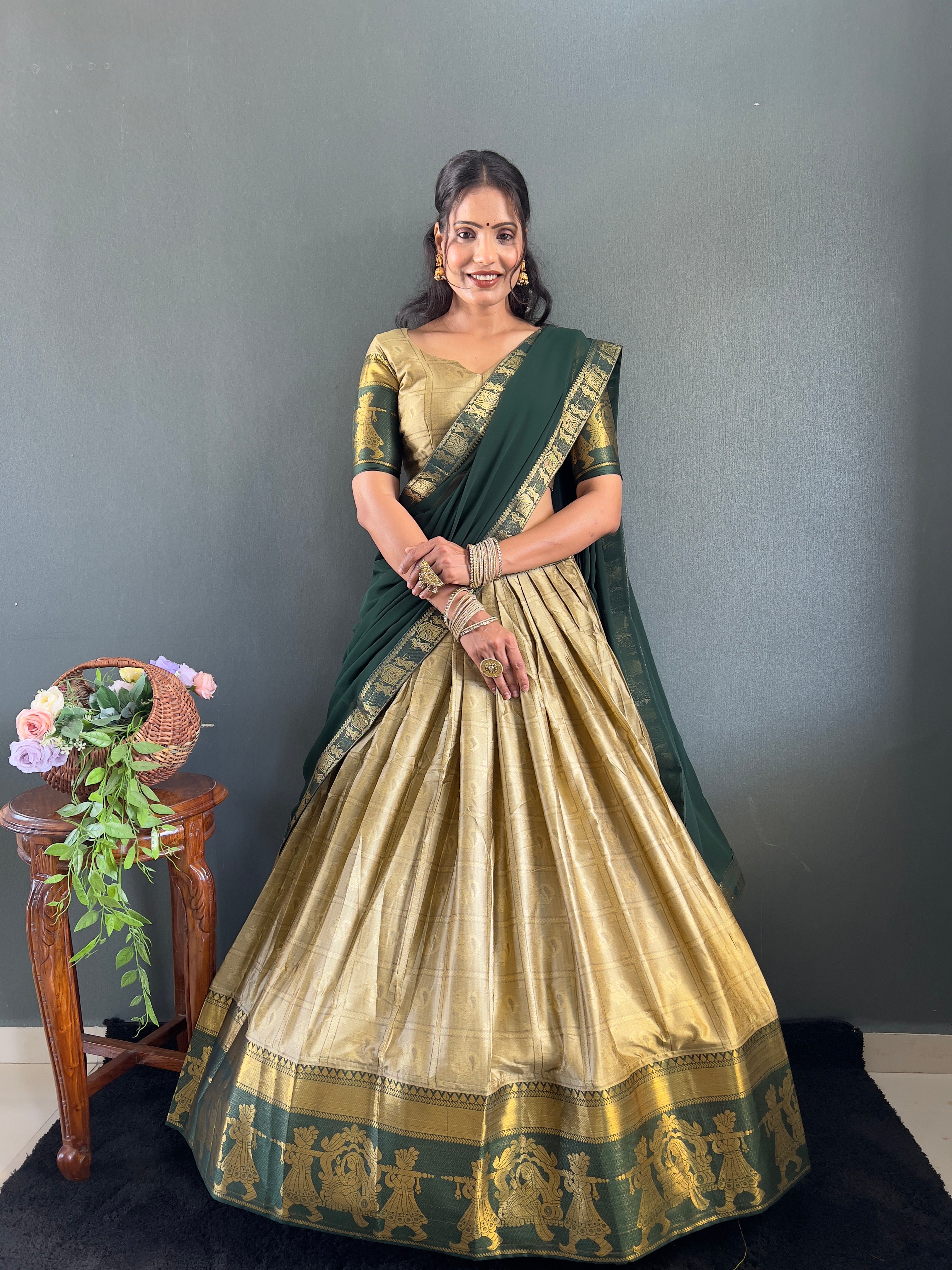 2025 Beseseller Chiku And Green Cotton Lehenga With Unstiched Blouse And Contrast Dupatta