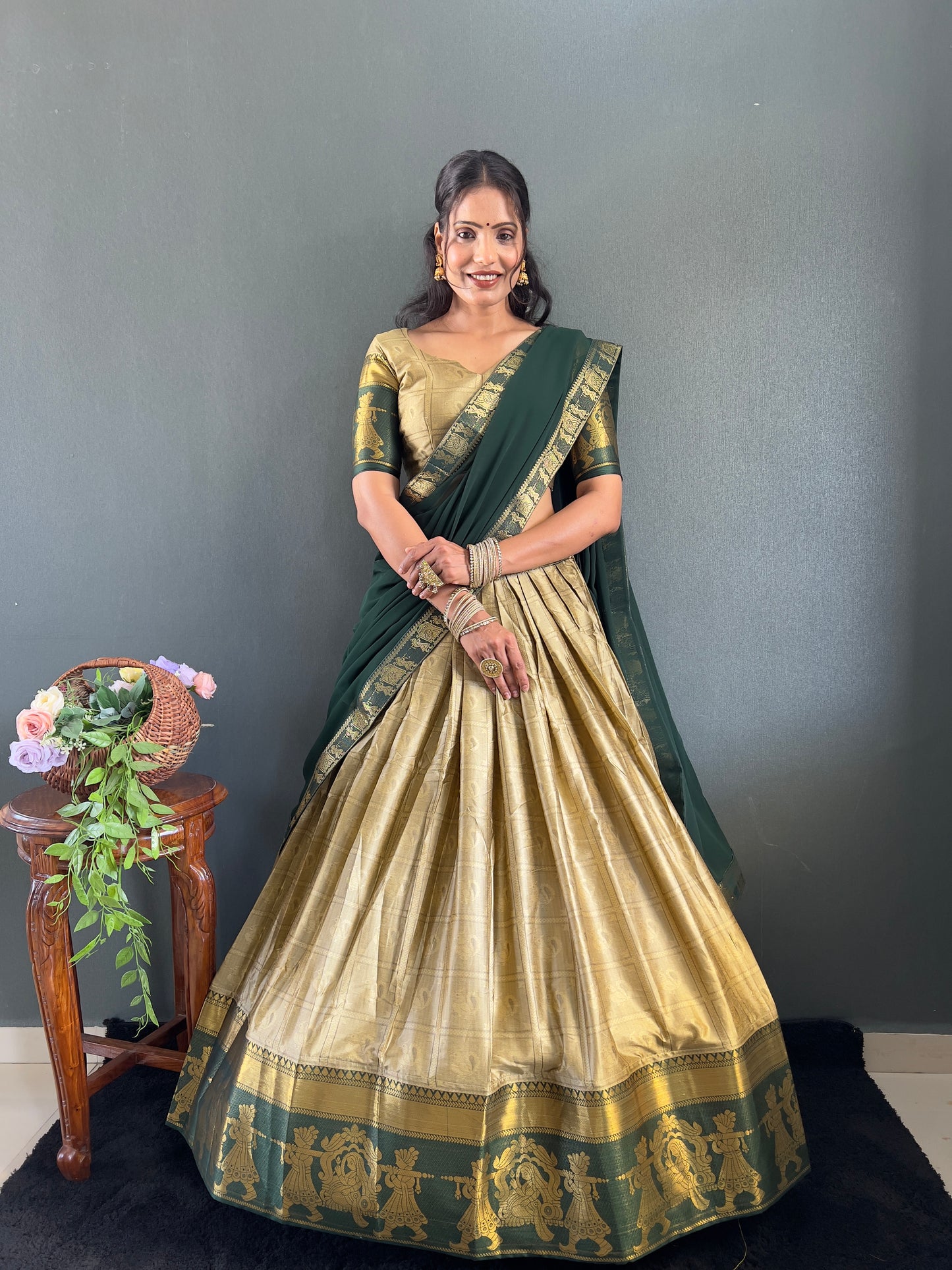 2025 Beseseller Chiku And Green Cotton Lehenga With Unstiched Blouse And Contrast Dupatta