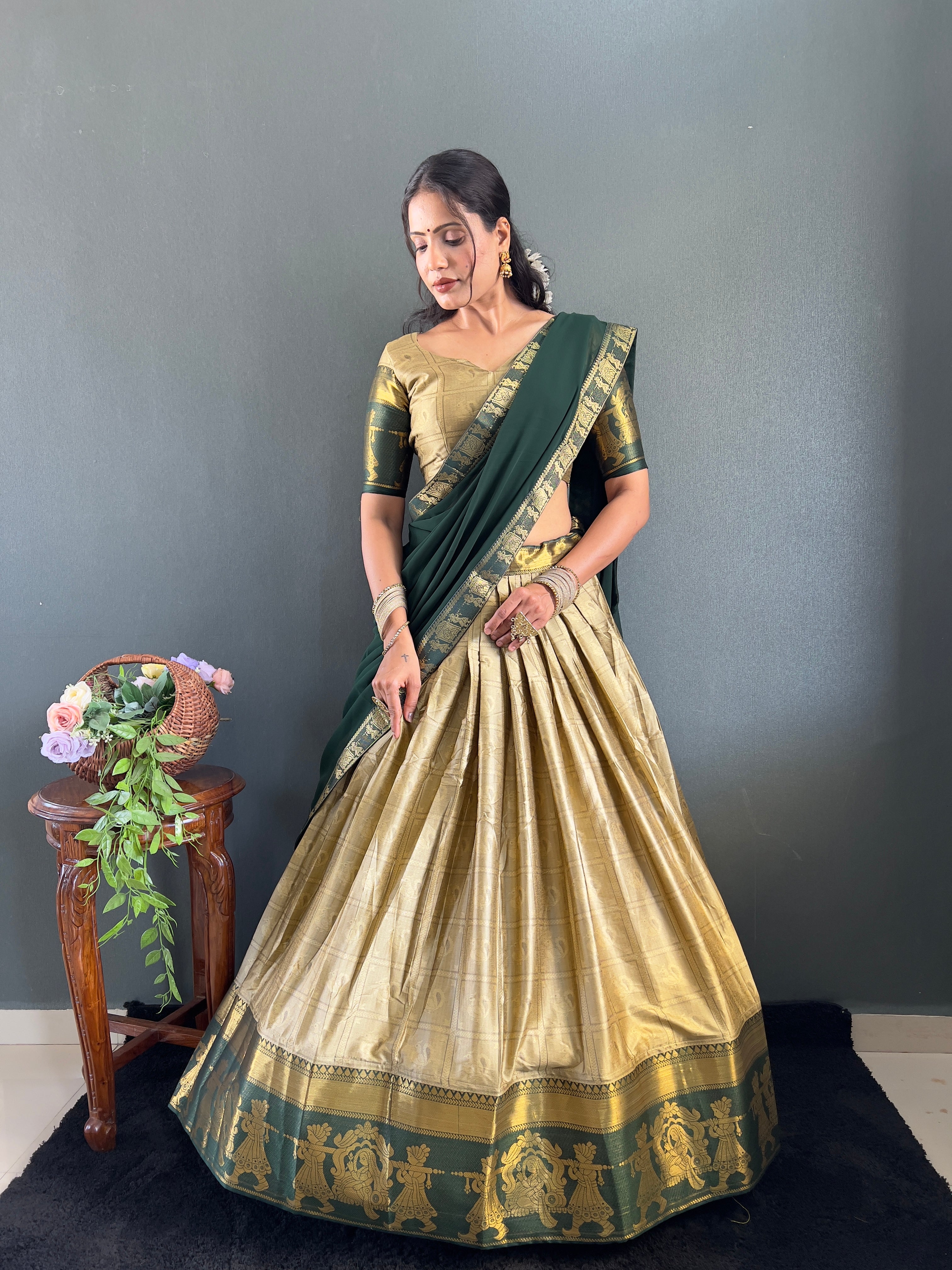 2025 Beseseller Chiku And Green Cotton Lehenga With Unstiched Blouse And Contrast Dupatta