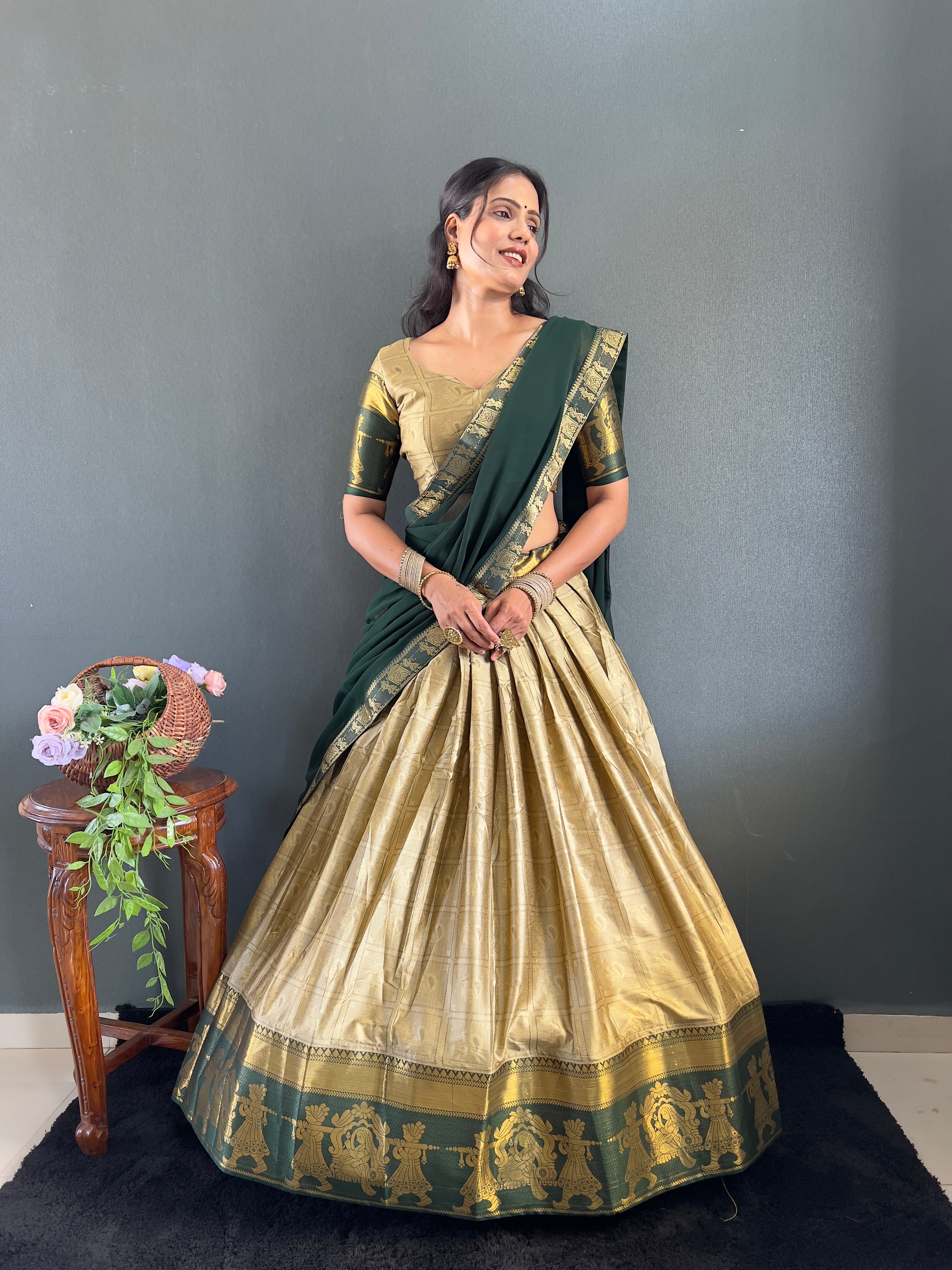 2025 Beseseller Chiku And Green Cotton Lehenga With Unstiched Blouse And Contrast Dupatta